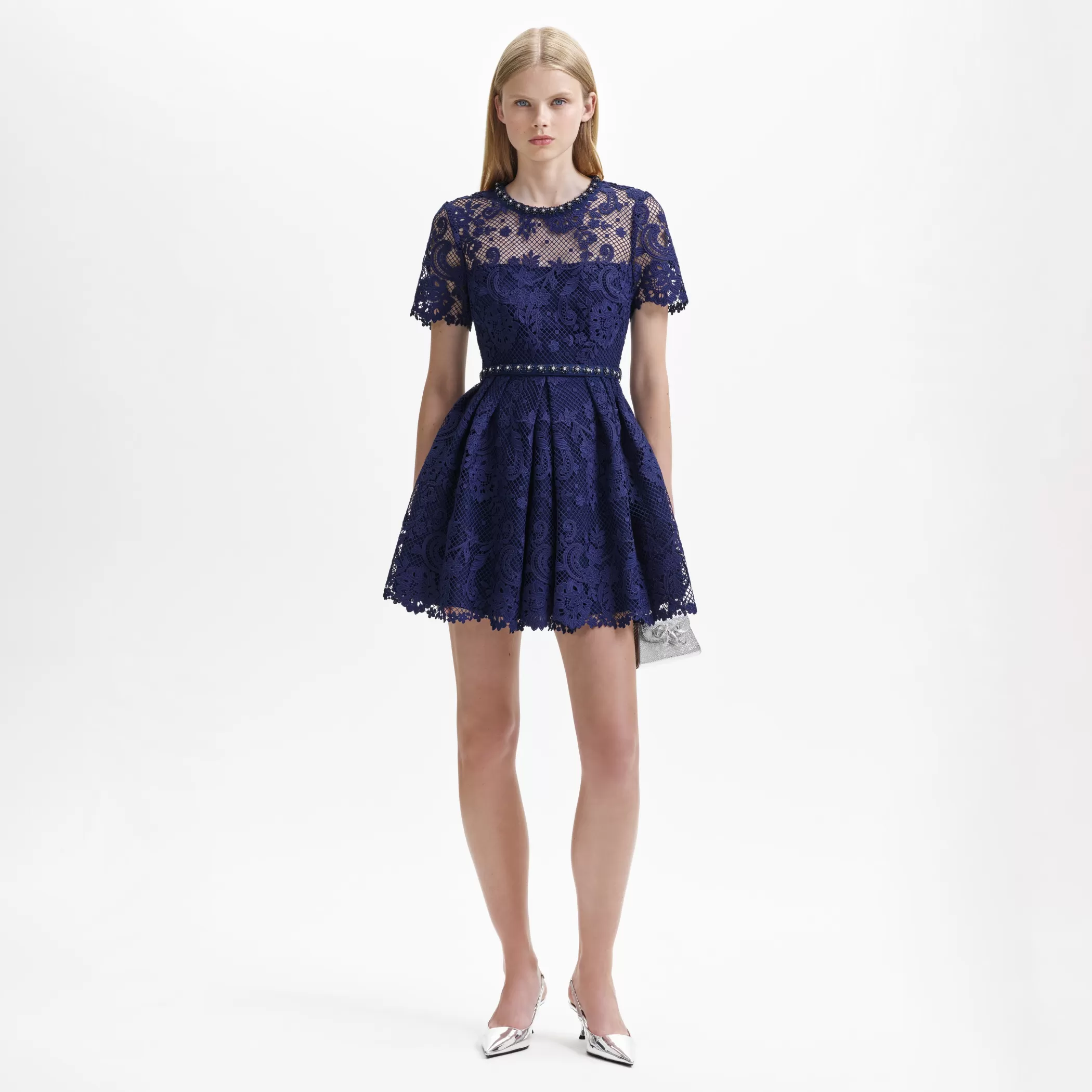 Self-Portrait > Navy Lace Embellished Mini Dress