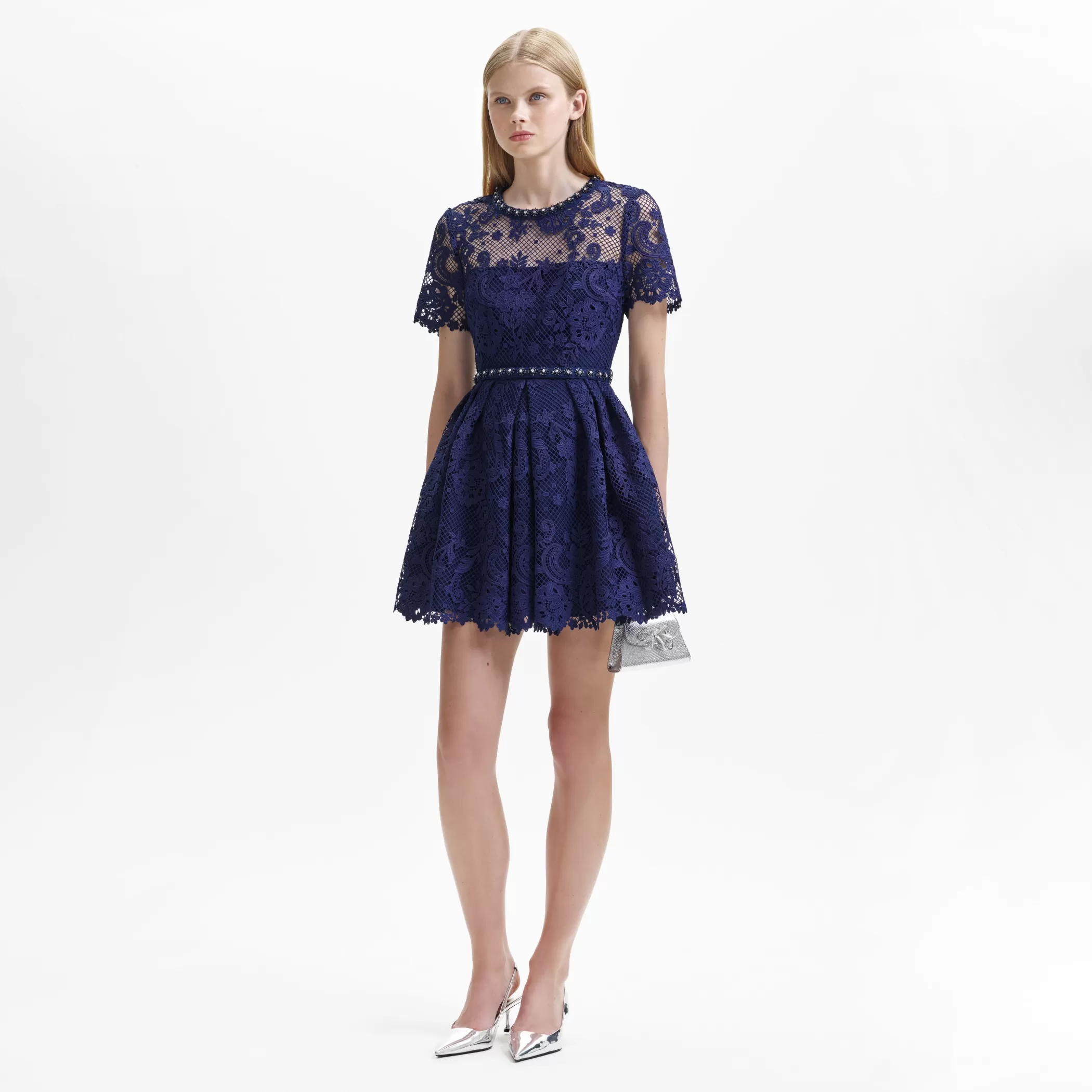 Self-Portrait > Navy Lace Embellished Mini Dress