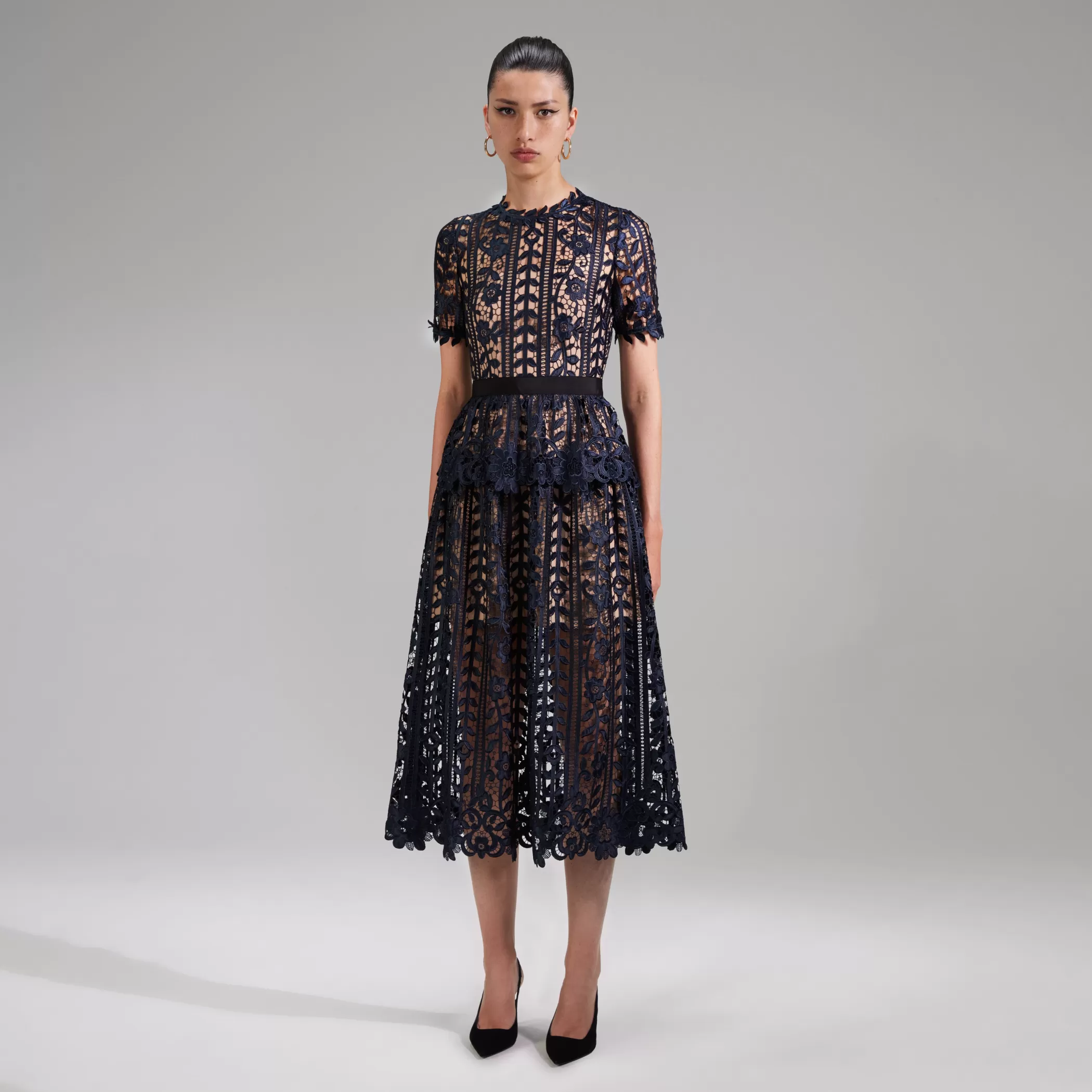 Self-Portrait > Navy Lace Midi Dress