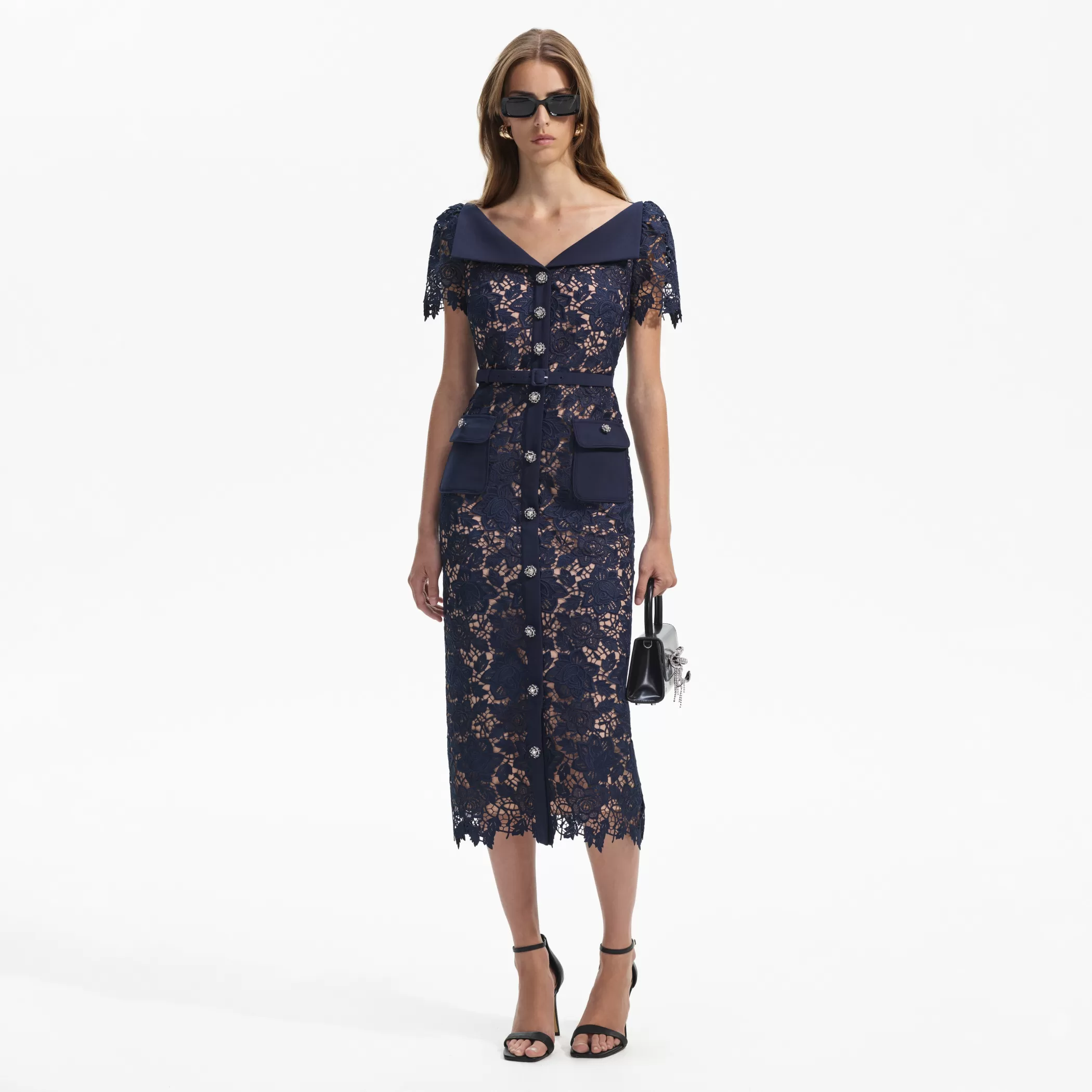 Self-Portrait > Navy Lace Open Neck Midi Dress