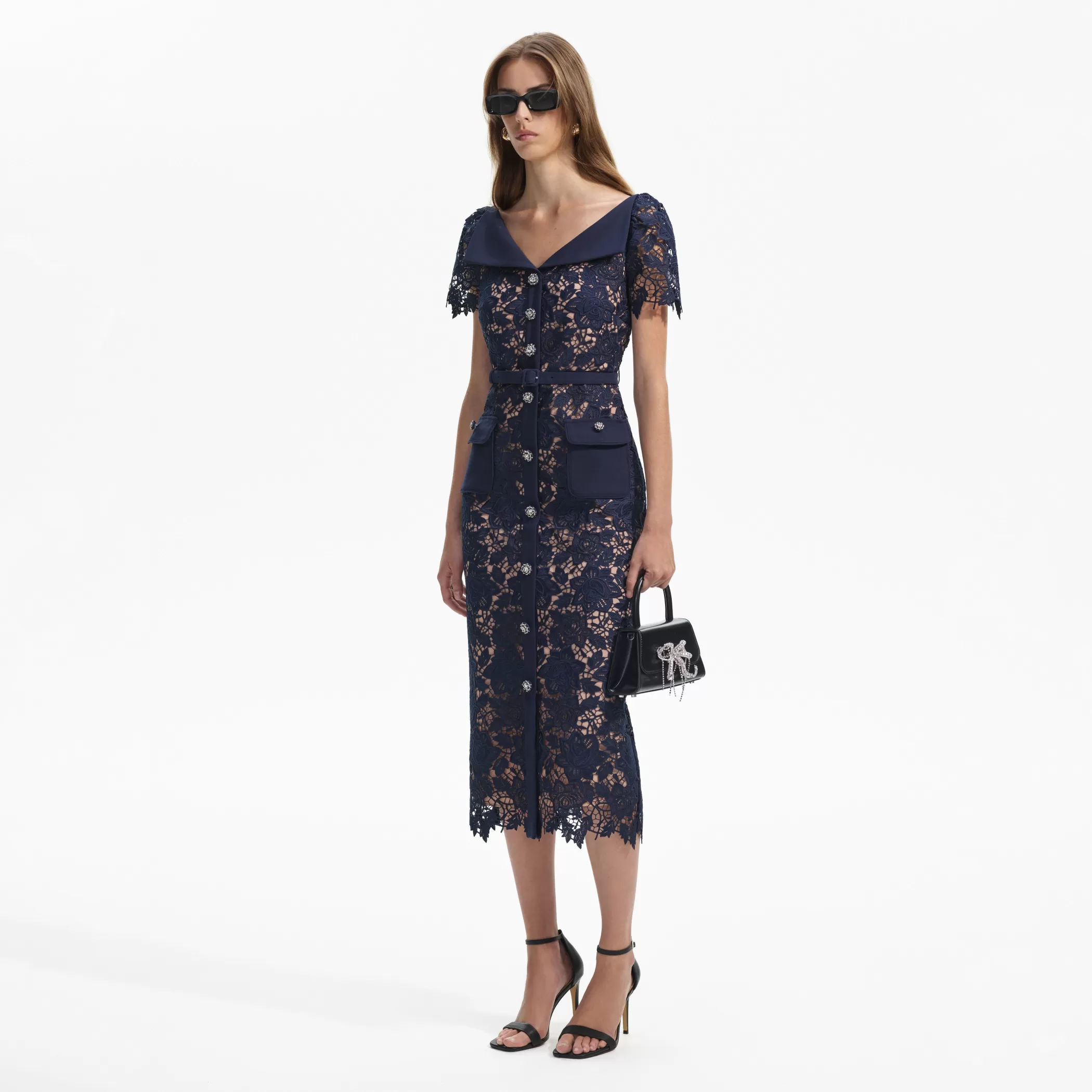 Self-Portrait > Navy Lace Open Neck Midi Dress