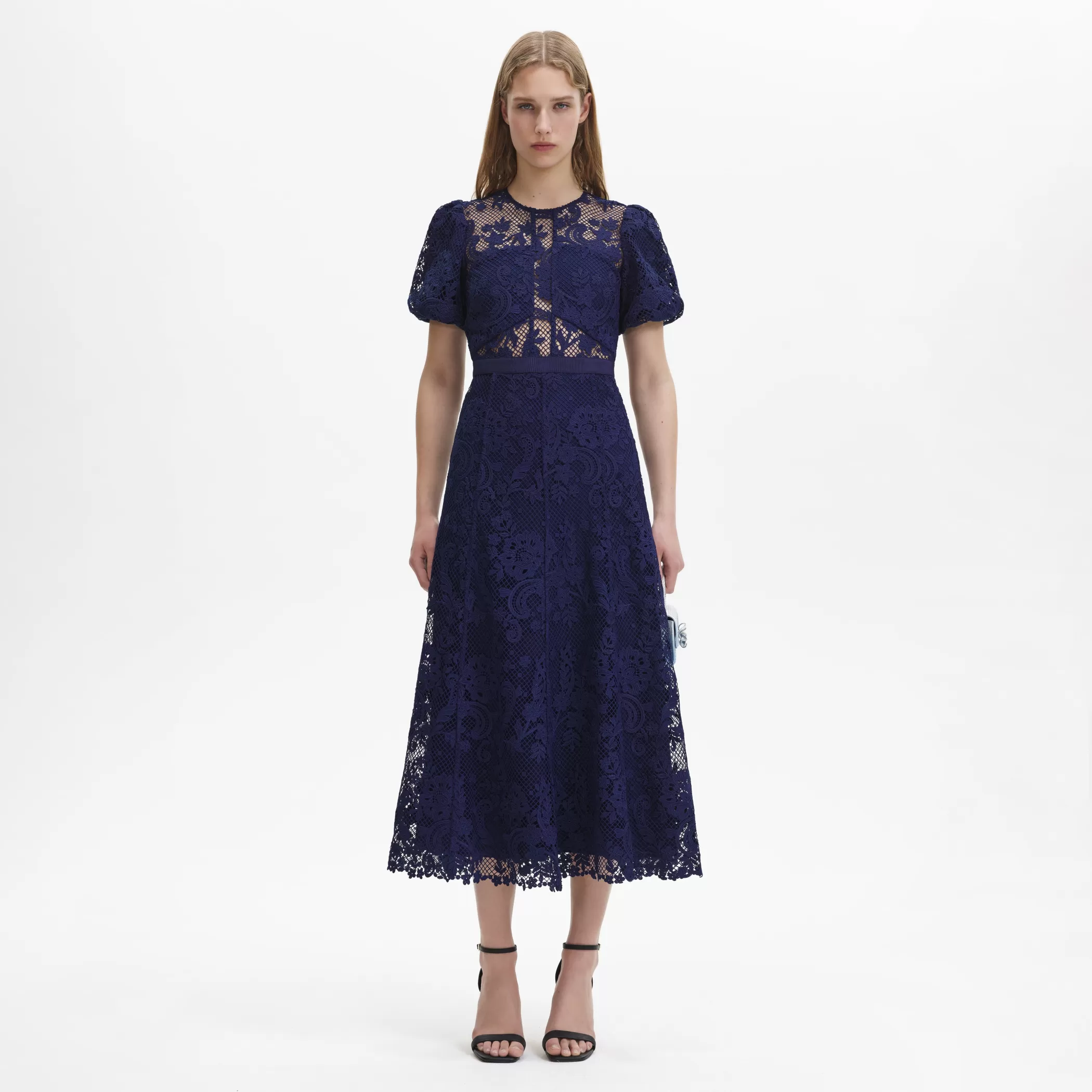 Self-Portrait > Navy Lace Puff Sleeve Midi Dress