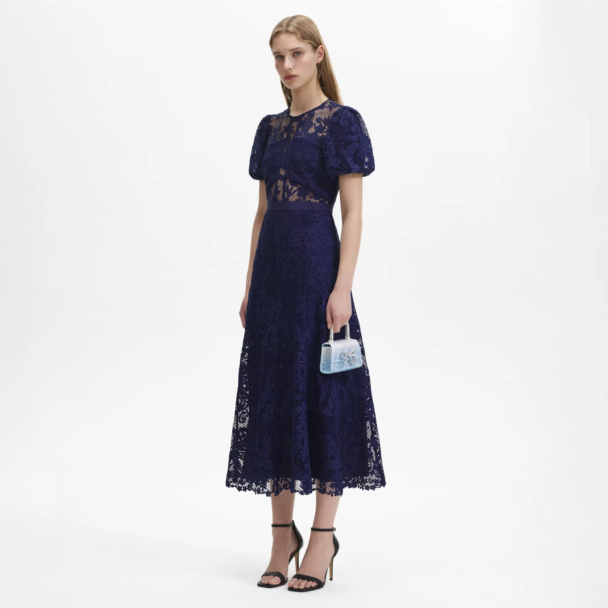 Self-Portrait > Navy Lace Puff Sleeve Midi Dress