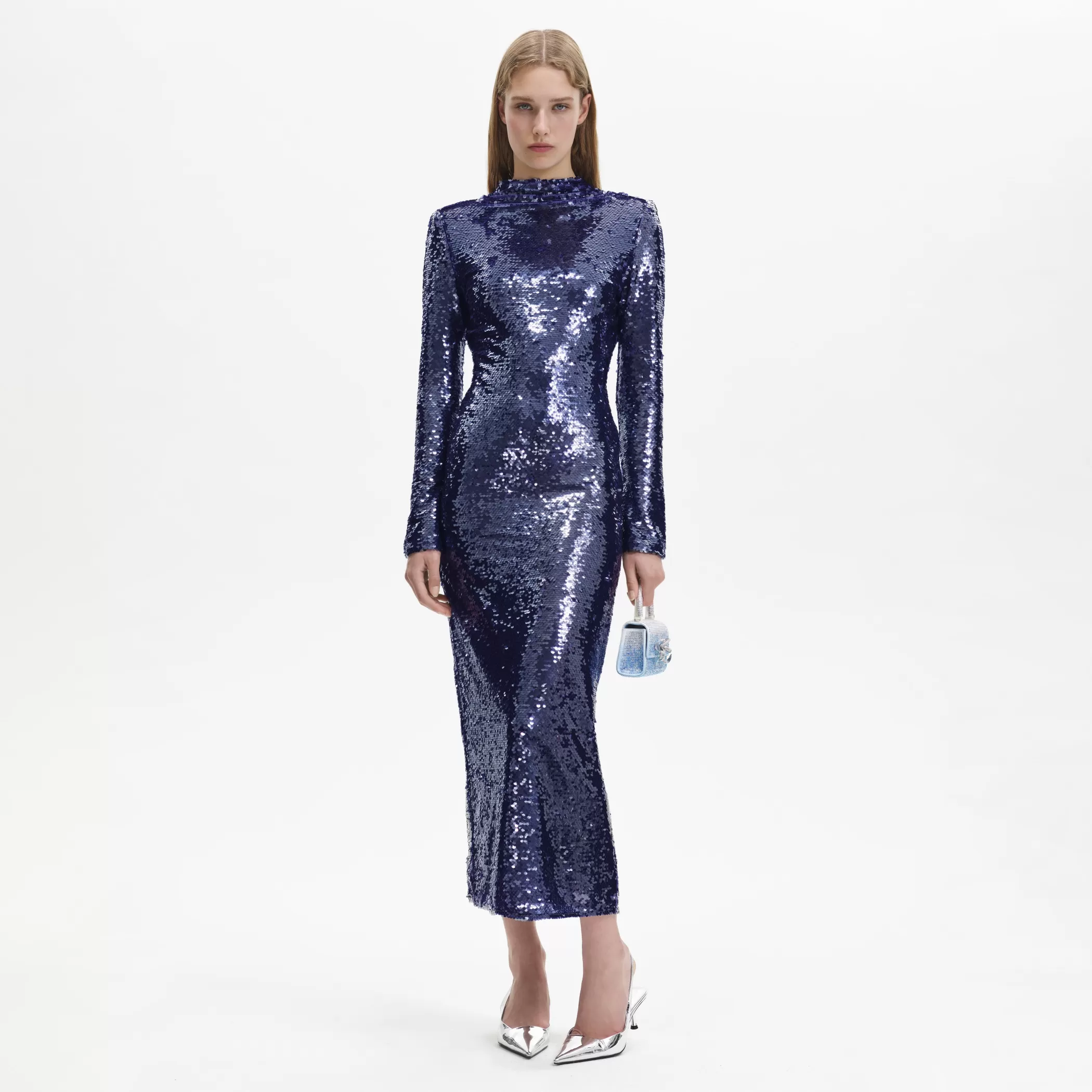 Self-Portrait > Navy Sequin Midi Dress