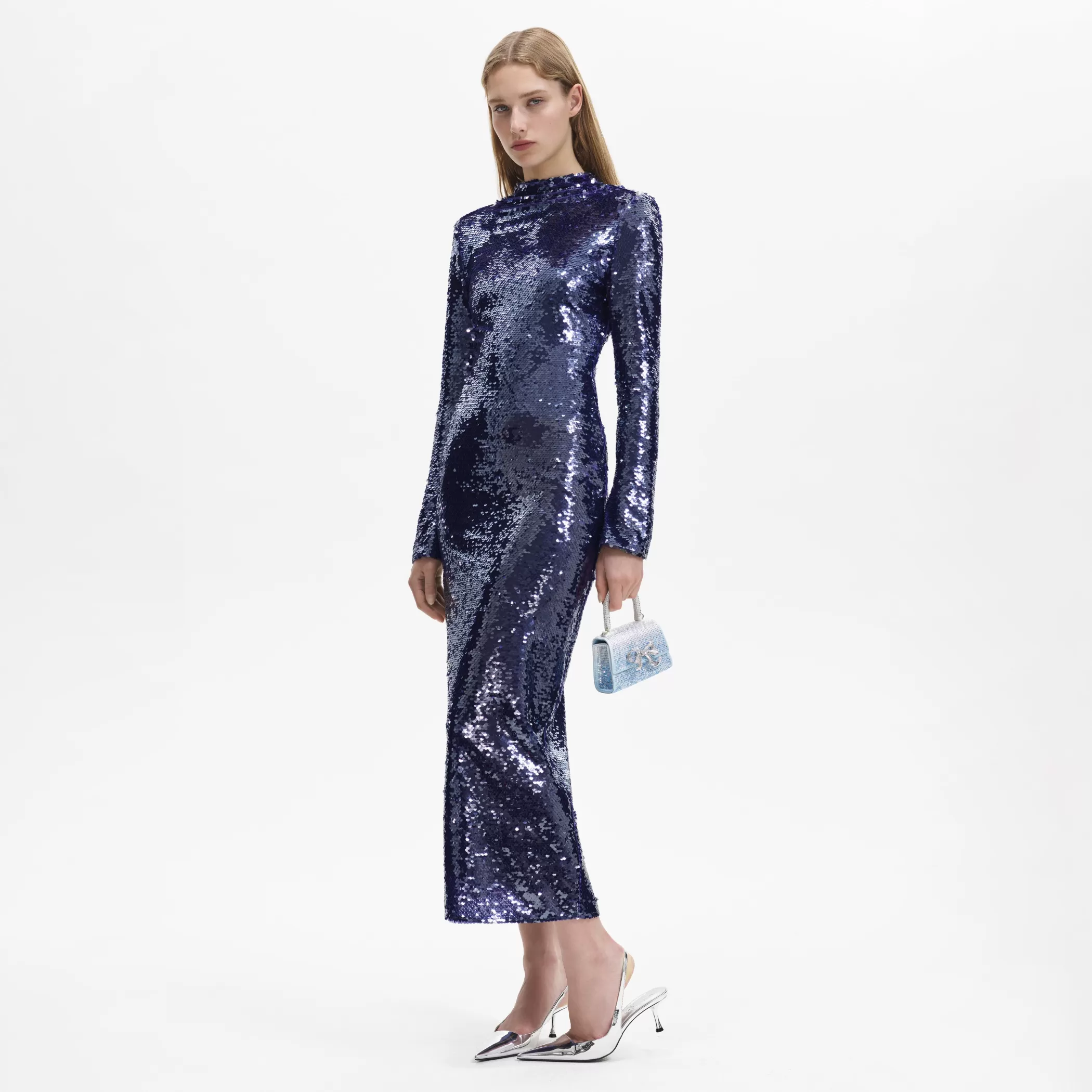 Self-Portrait > Navy Sequin Midi Dress