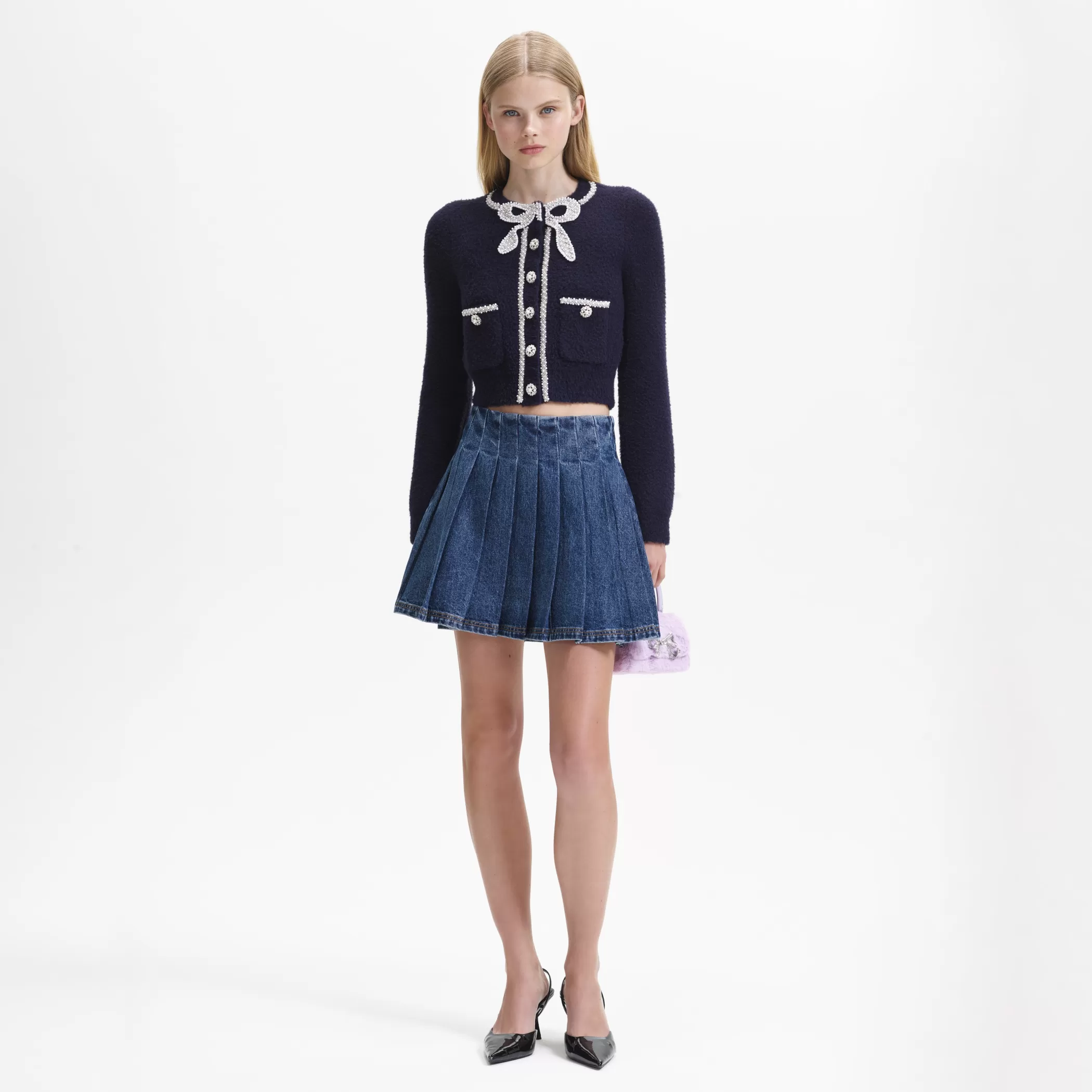 Self-Portrait > Navy Soft Knit Bow Cardigan