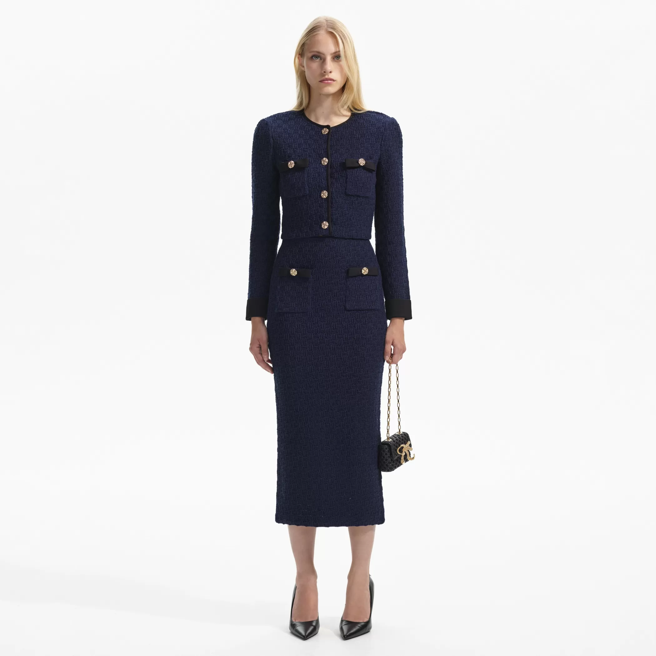 Self-Portrait > Navy Weave Knit Midi Skirt