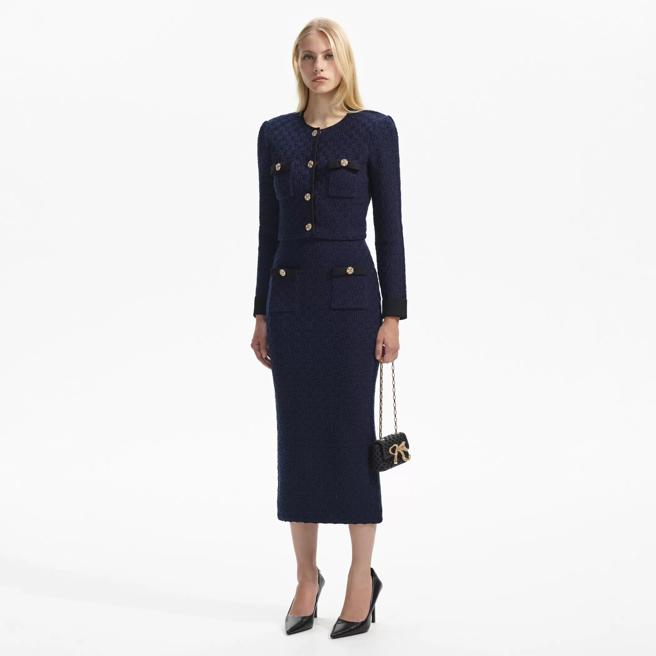 Self-Portrait > Navy Weave Knit Midi Skirt