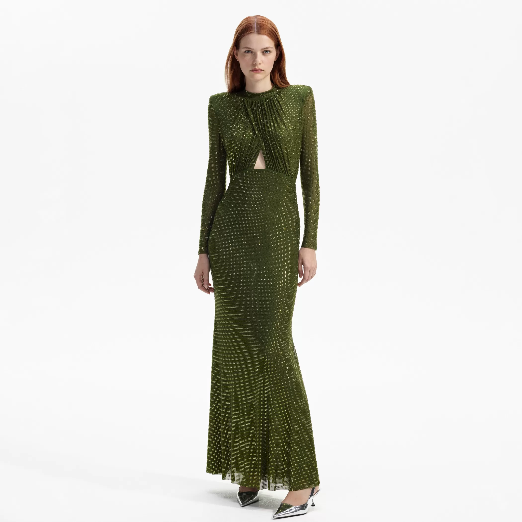 Self-Portrait > Olive Green Rhinestone Maxi Dress