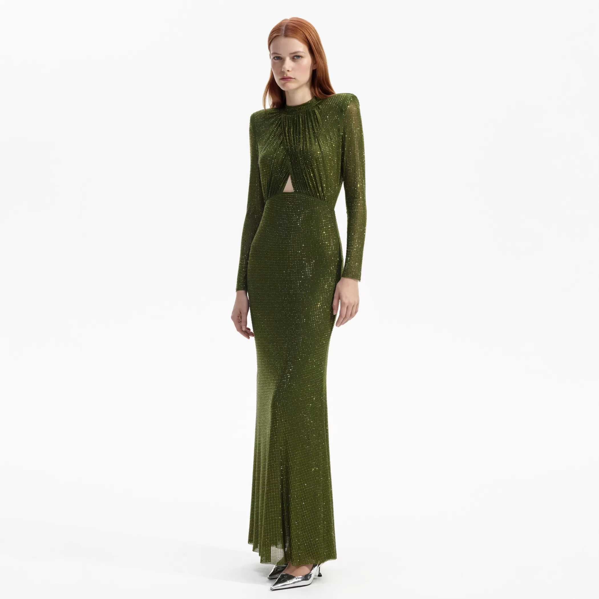 Self-Portrait > Olive Green Rhinestone Maxi Dress