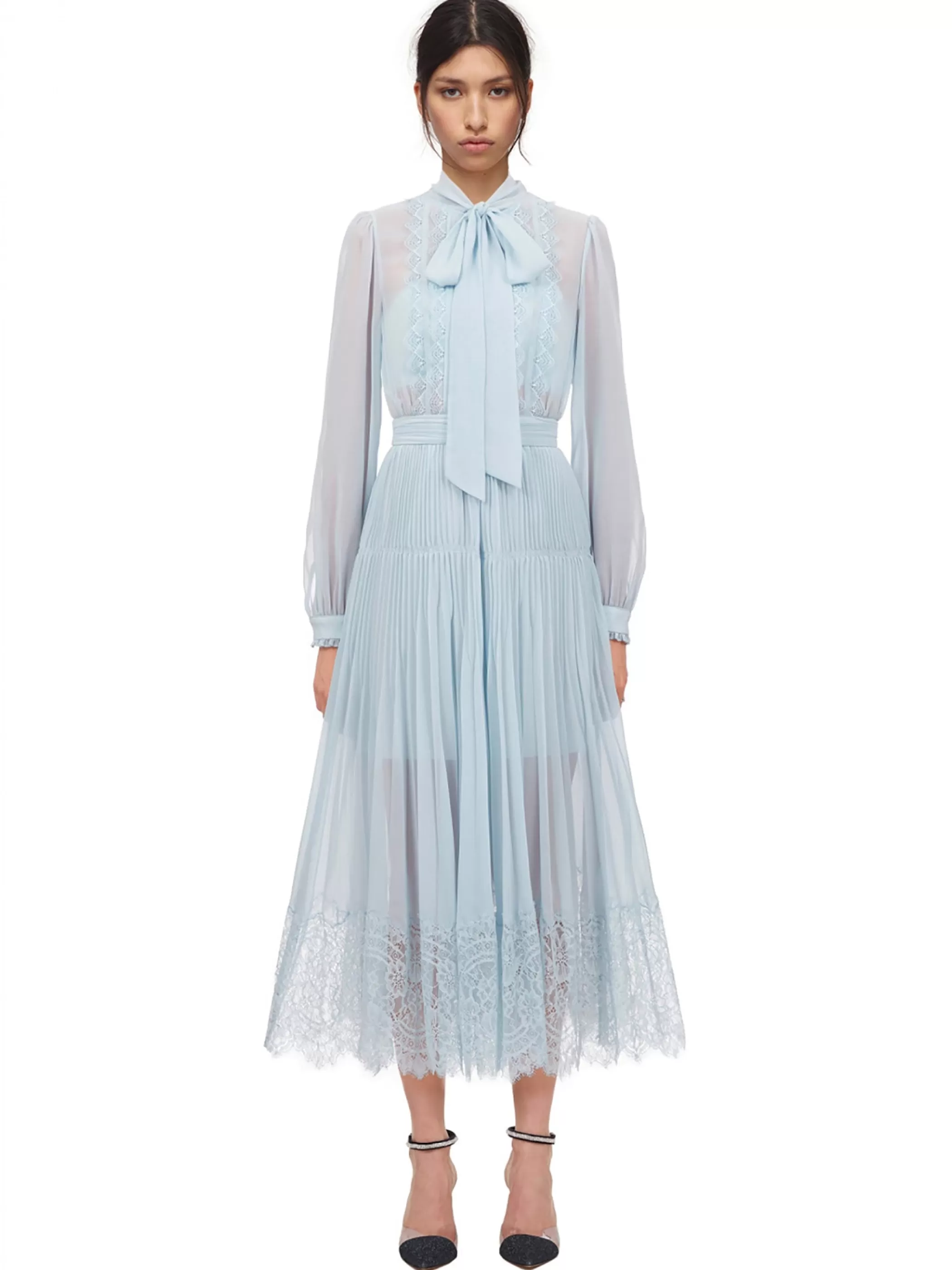 Self-Portrait > Pale Blue Chiffon Trimmed Dress