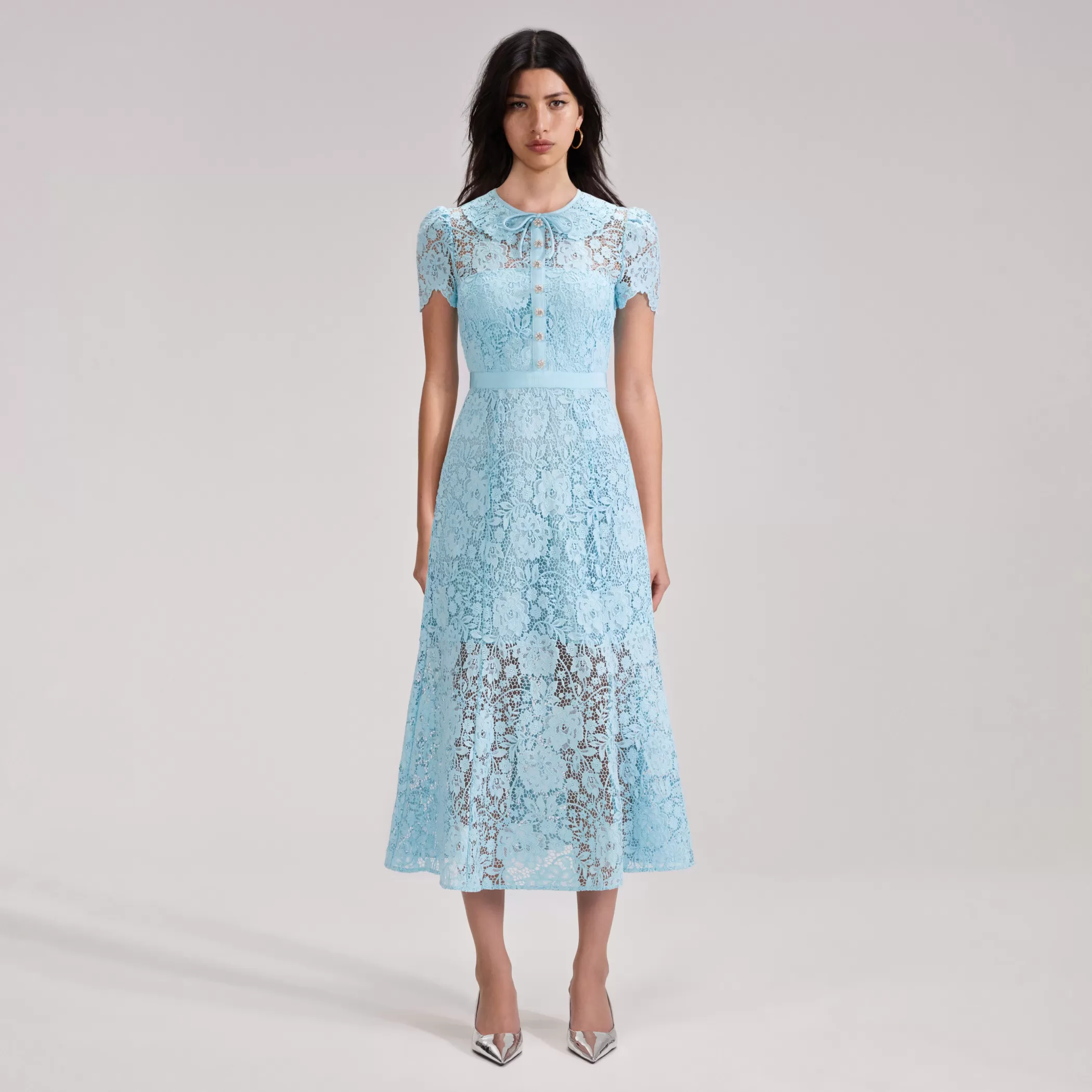 Self-Portrait > Pale Blue Cord Lace Midi Dress