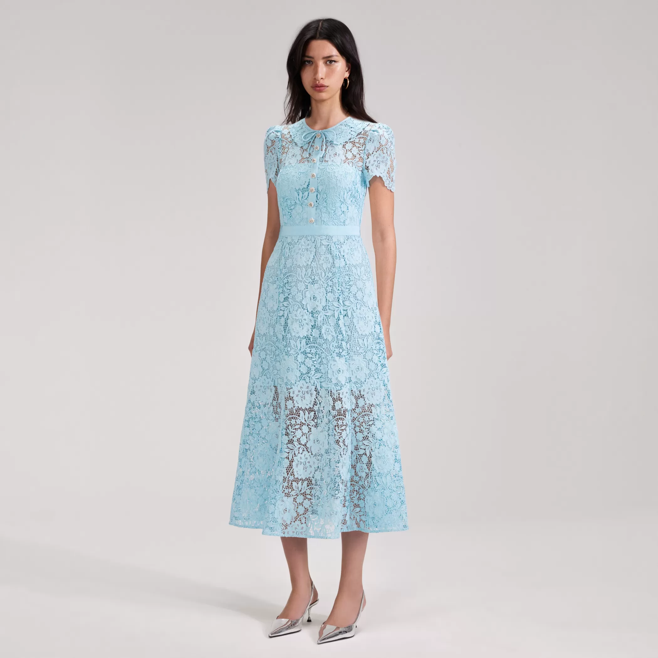 Self-Portrait > Pale Blue Cord Lace Midi Dress