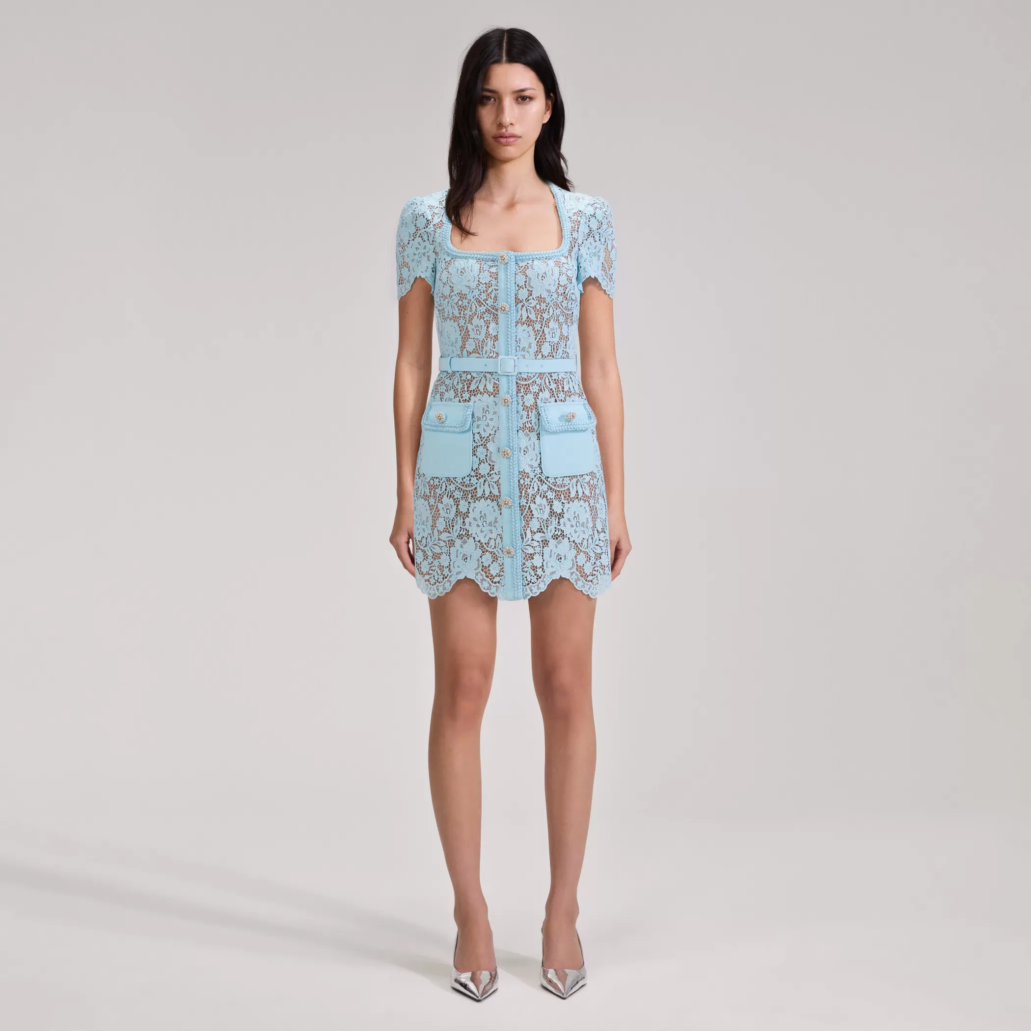 Self-Portrait > Pale Blue Lace Mini Dress