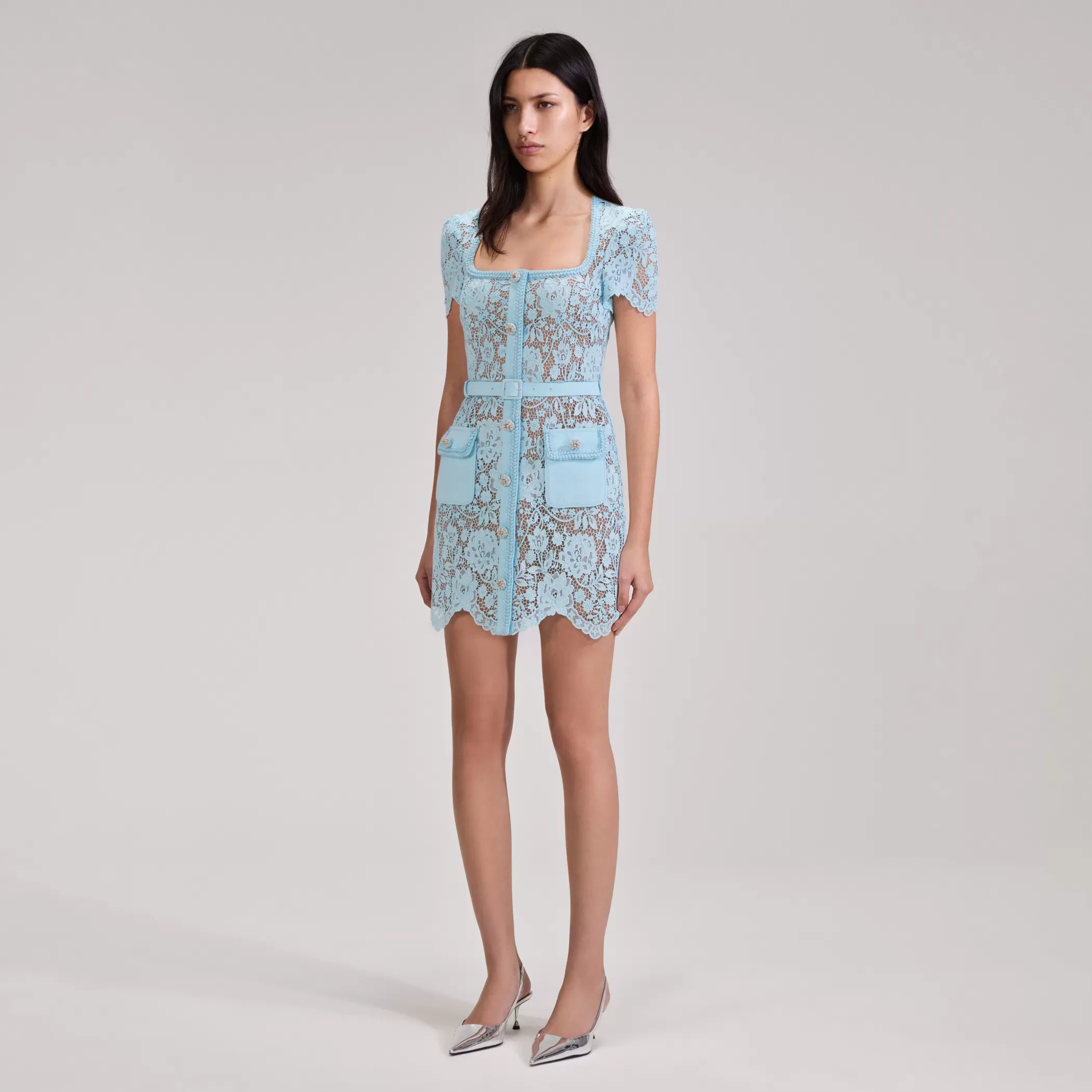 Self-Portrait > Pale Blue Lace Mini Dress