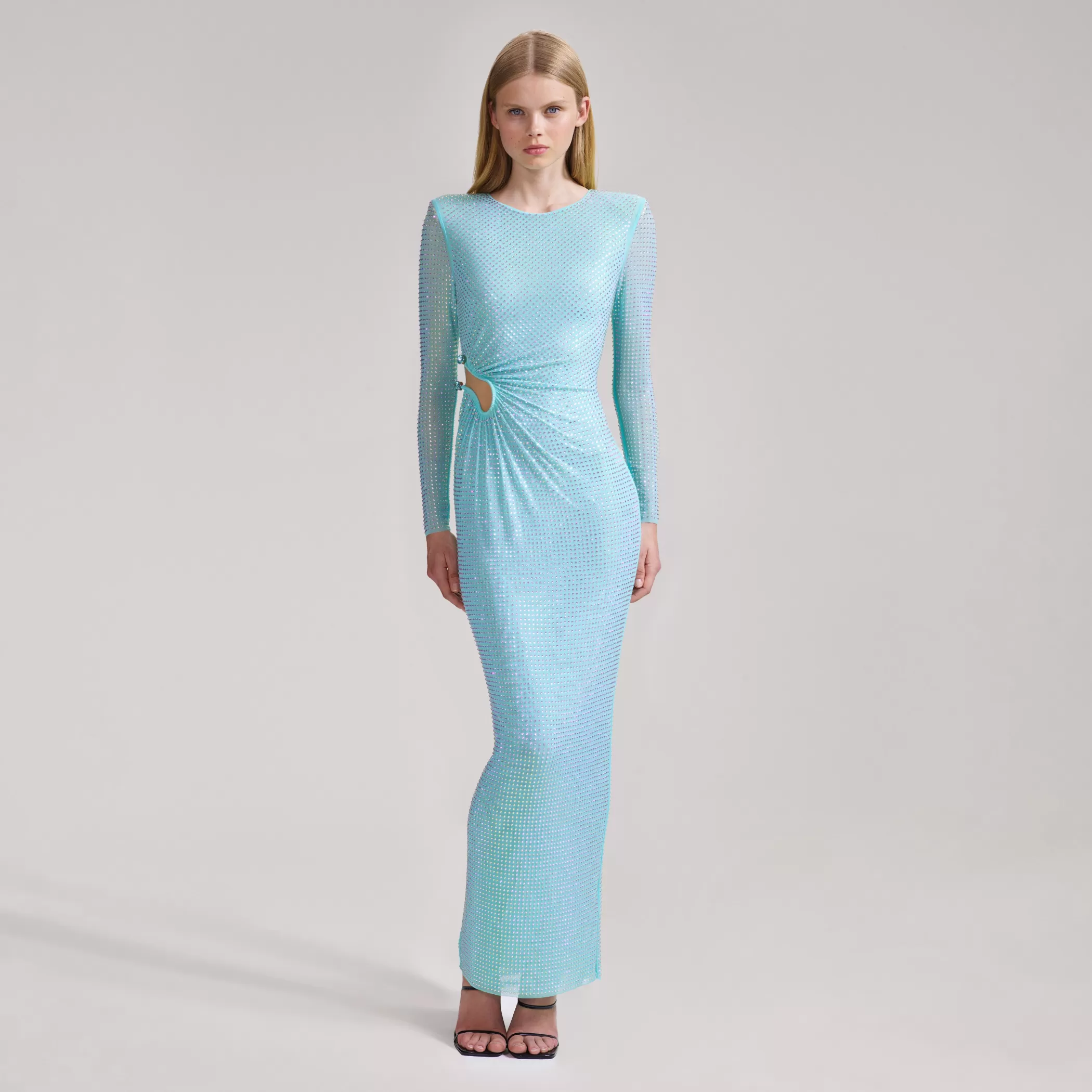 Self-Portrait > Pale Blue Rhinestone Mesh Maxi Dress