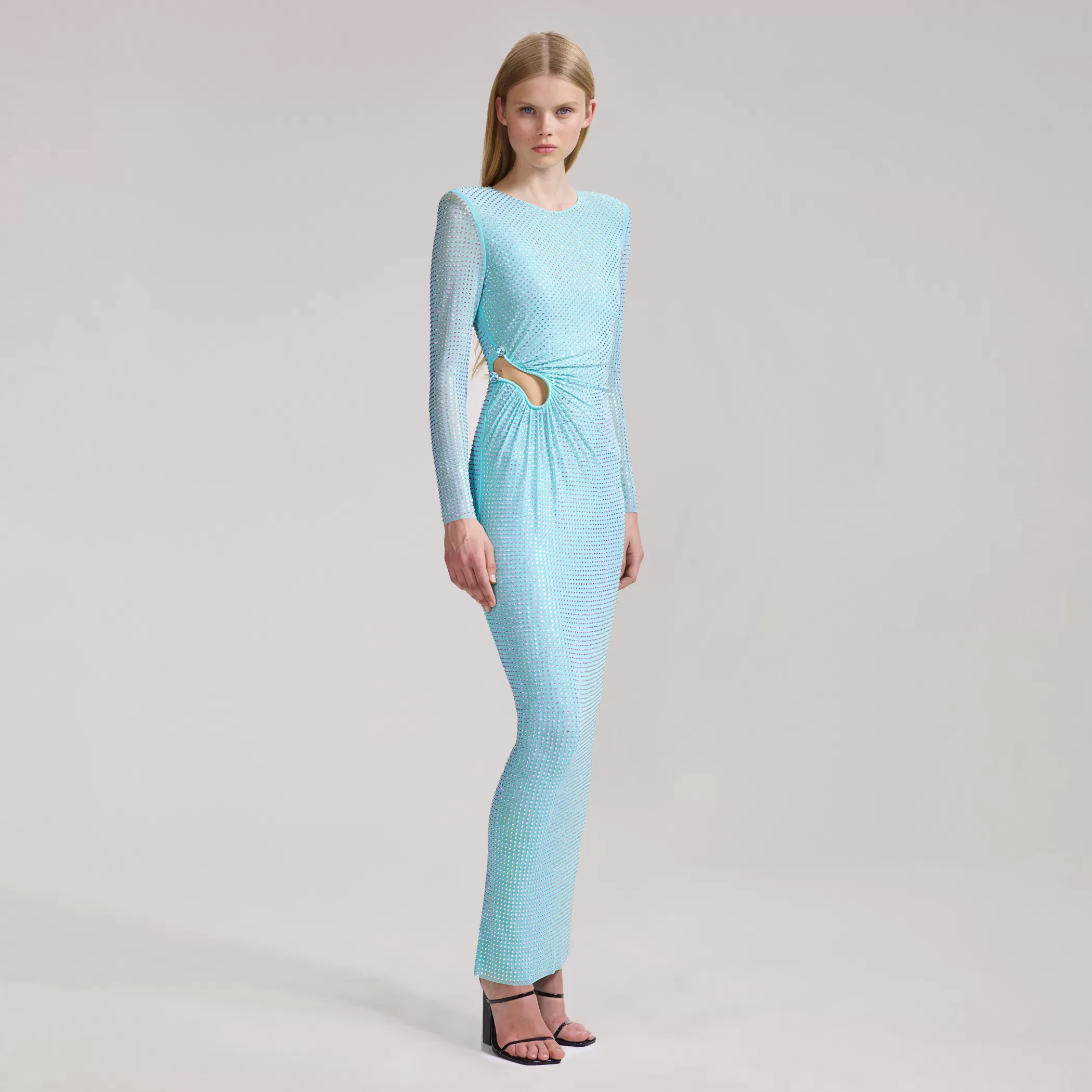 Self-Portrait > Pale Blue Rhinestone Mesh Maxi Dress