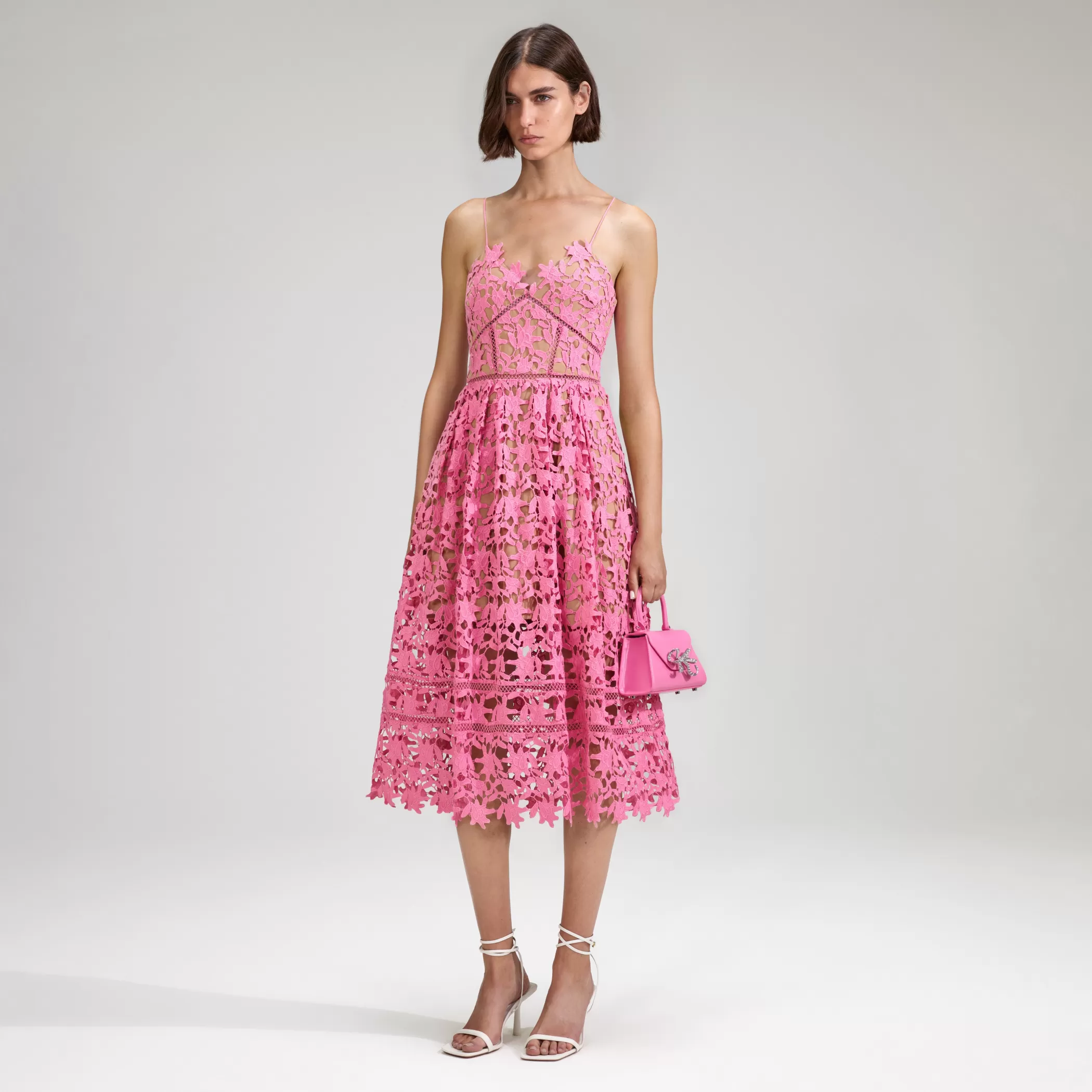 Self-Portrait > Pink Azaelea Lace Midi Dress