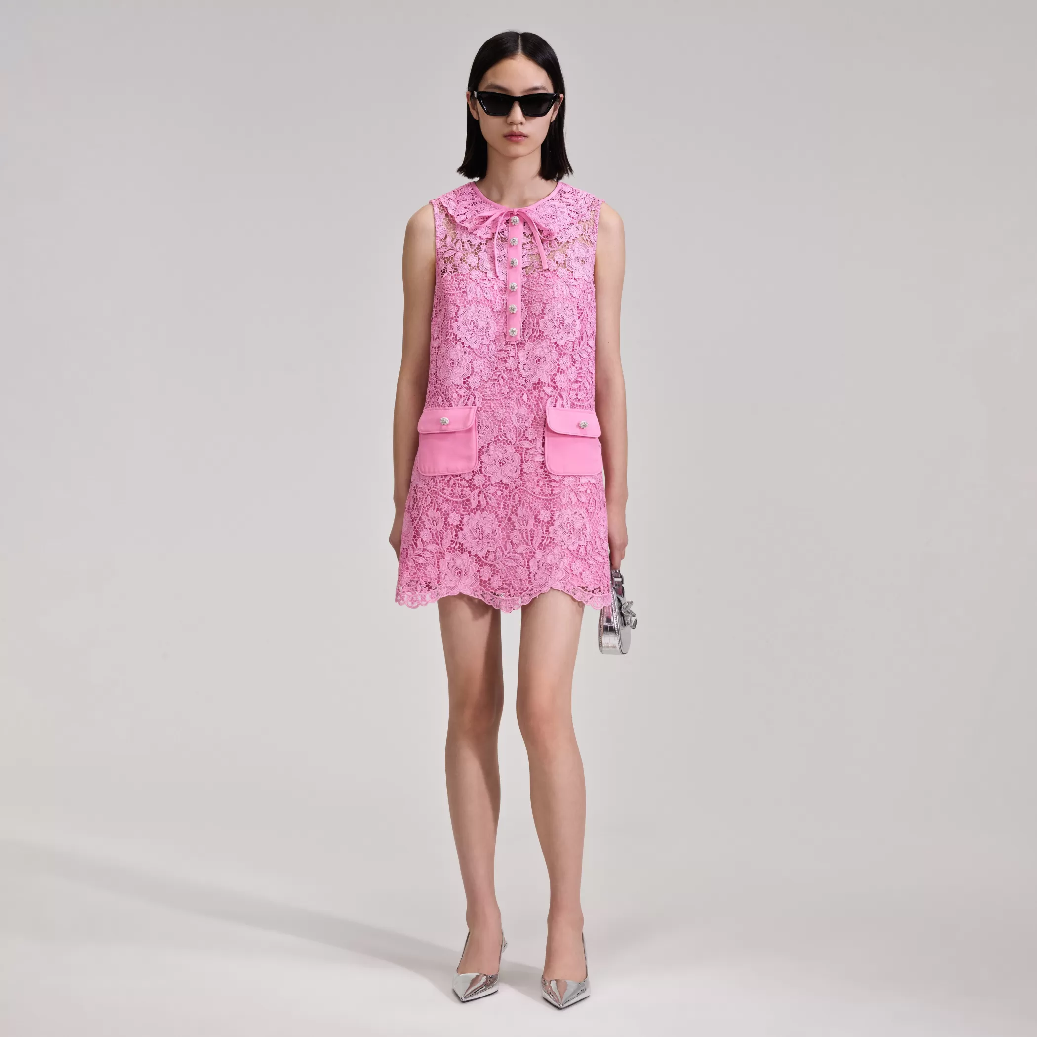 Self-Portrait > Pink Cord Lace Collar Mini Dress