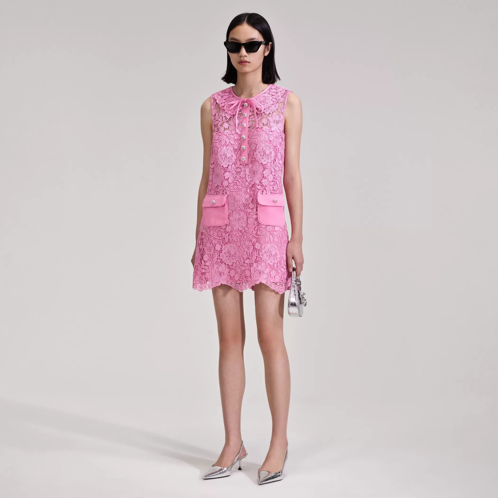 Self-Portrait > Pink Cord Lace Collar Mini Dress