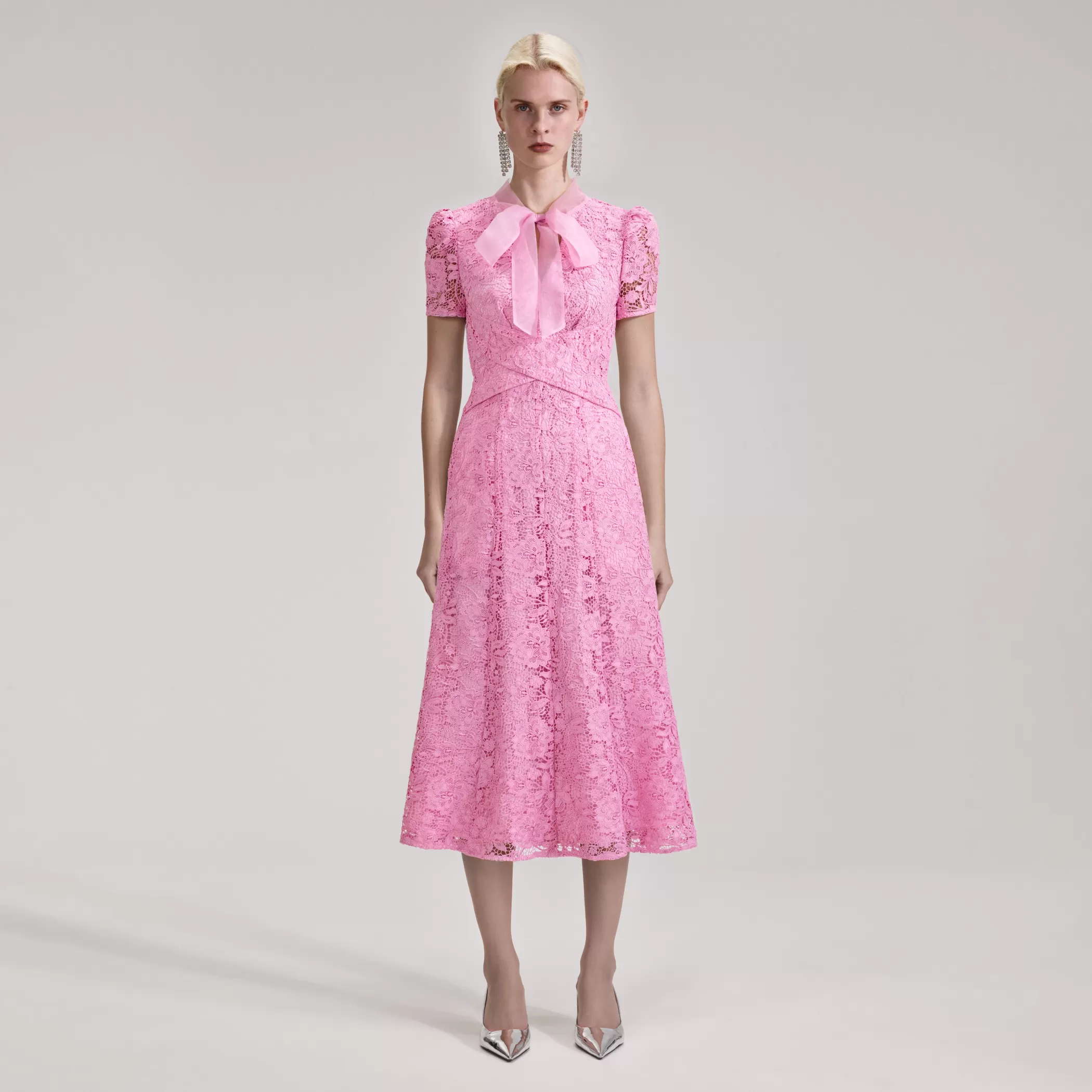 Self-Portrait > Pink Cord Lace Crossover Midi Dress