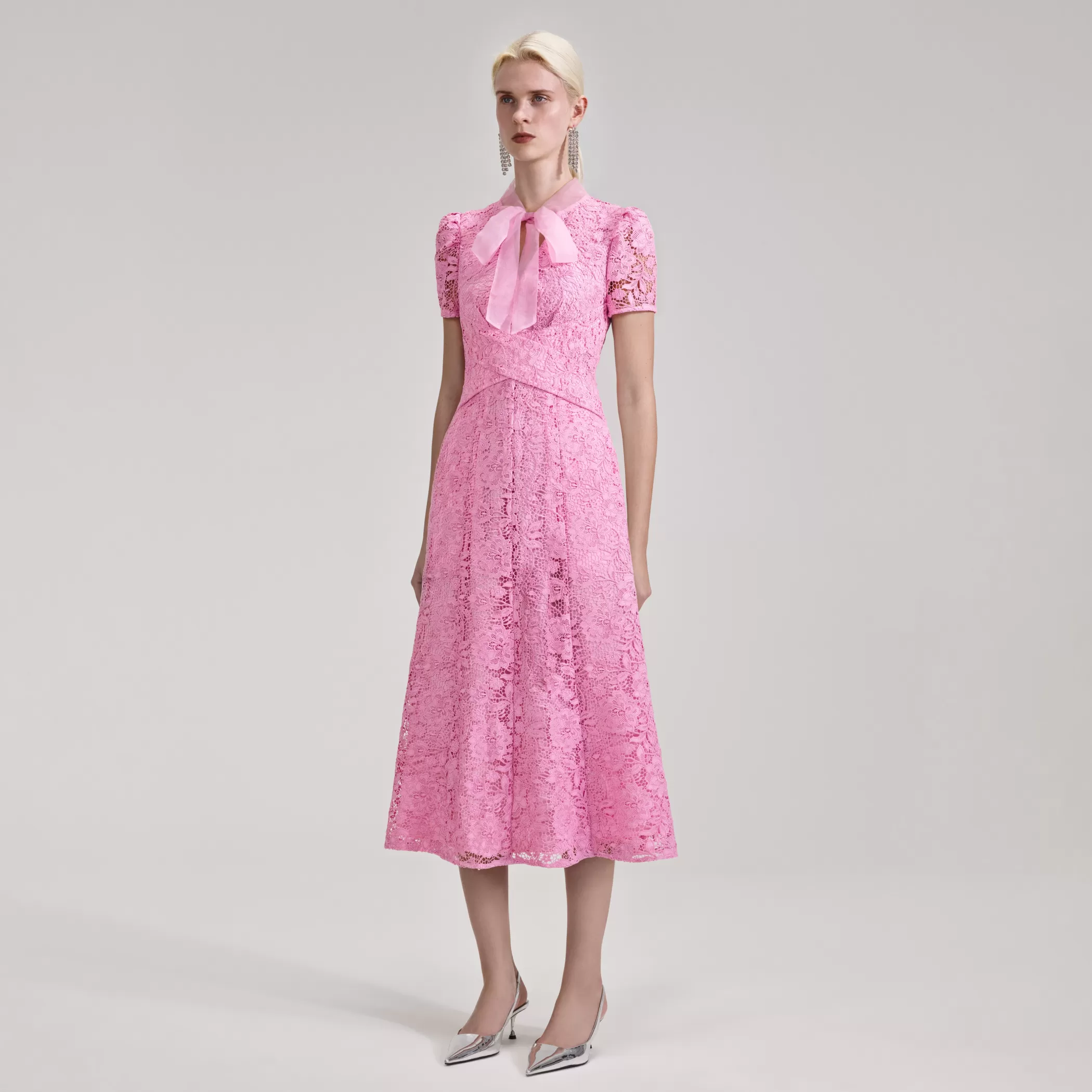 Self-Portrait > Pink Cord Lace Crossover Midi Dress