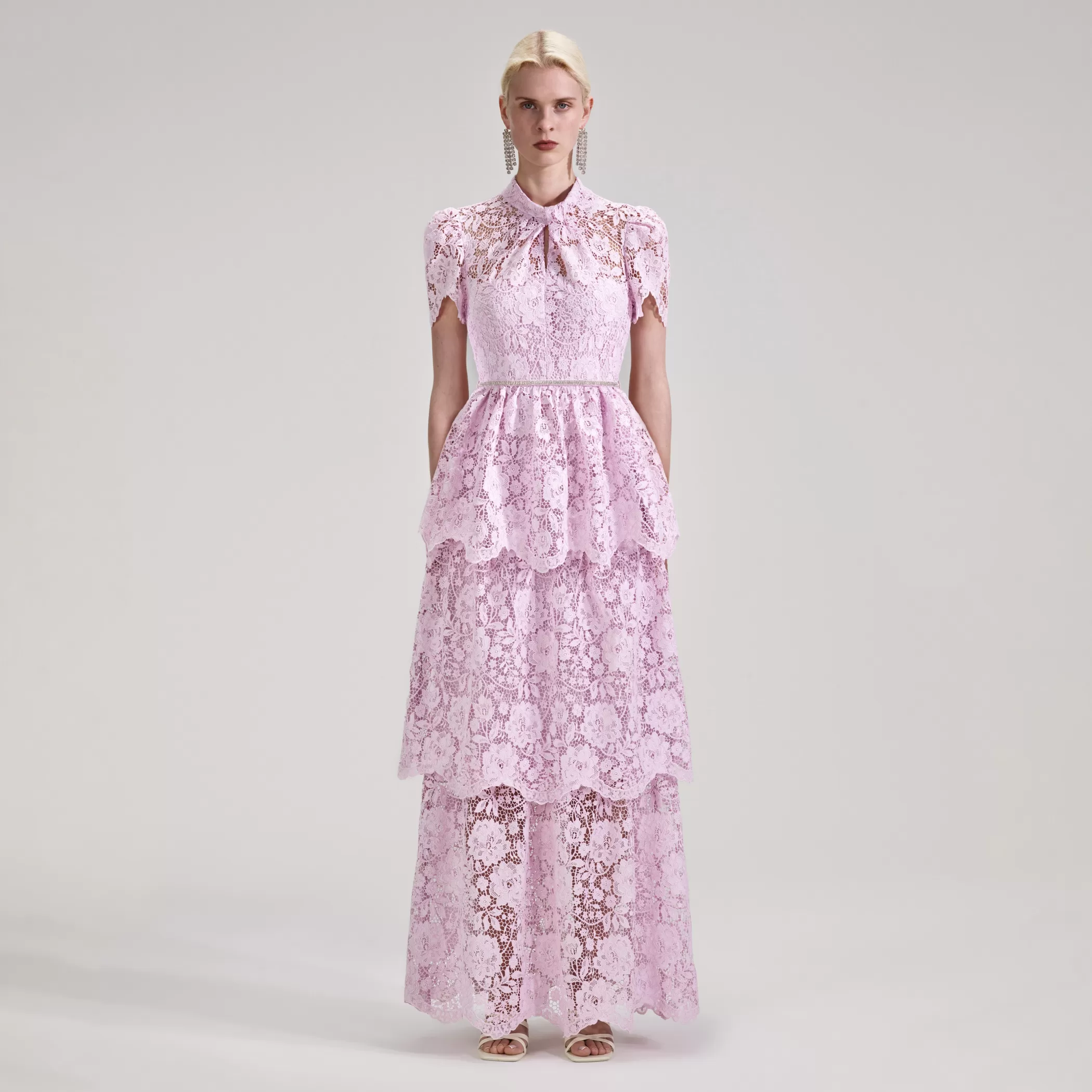 Self-Portrait > Pink Cord Lace Tiered Maxi Dress