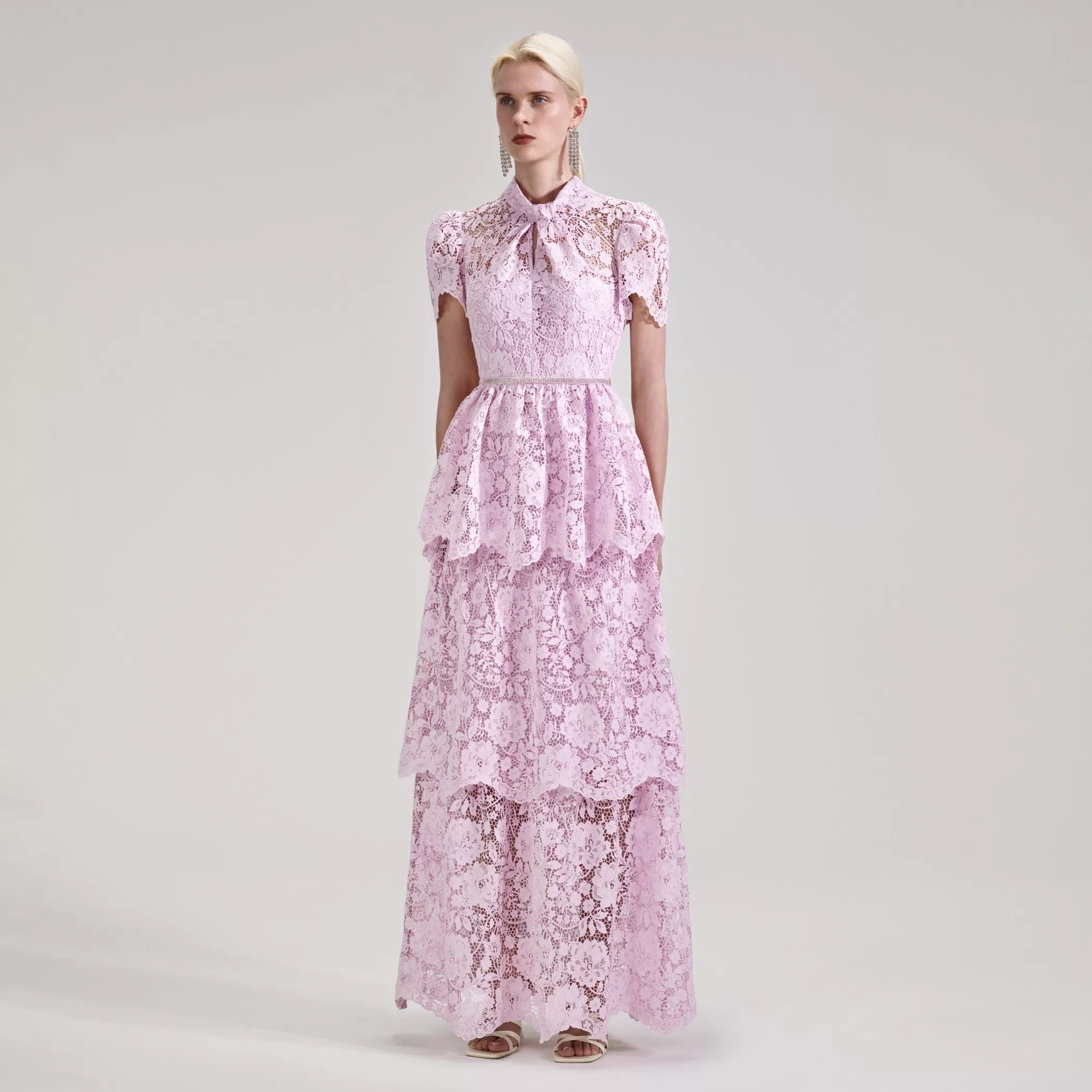 Self-Portrait > Pink Cord Lace Tiered Maxi Dress