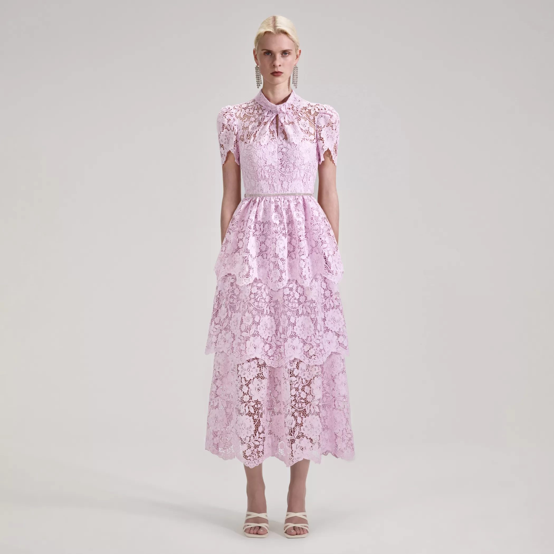 Self-Portrait > Pink Cord Lace Tiered Midi Dress