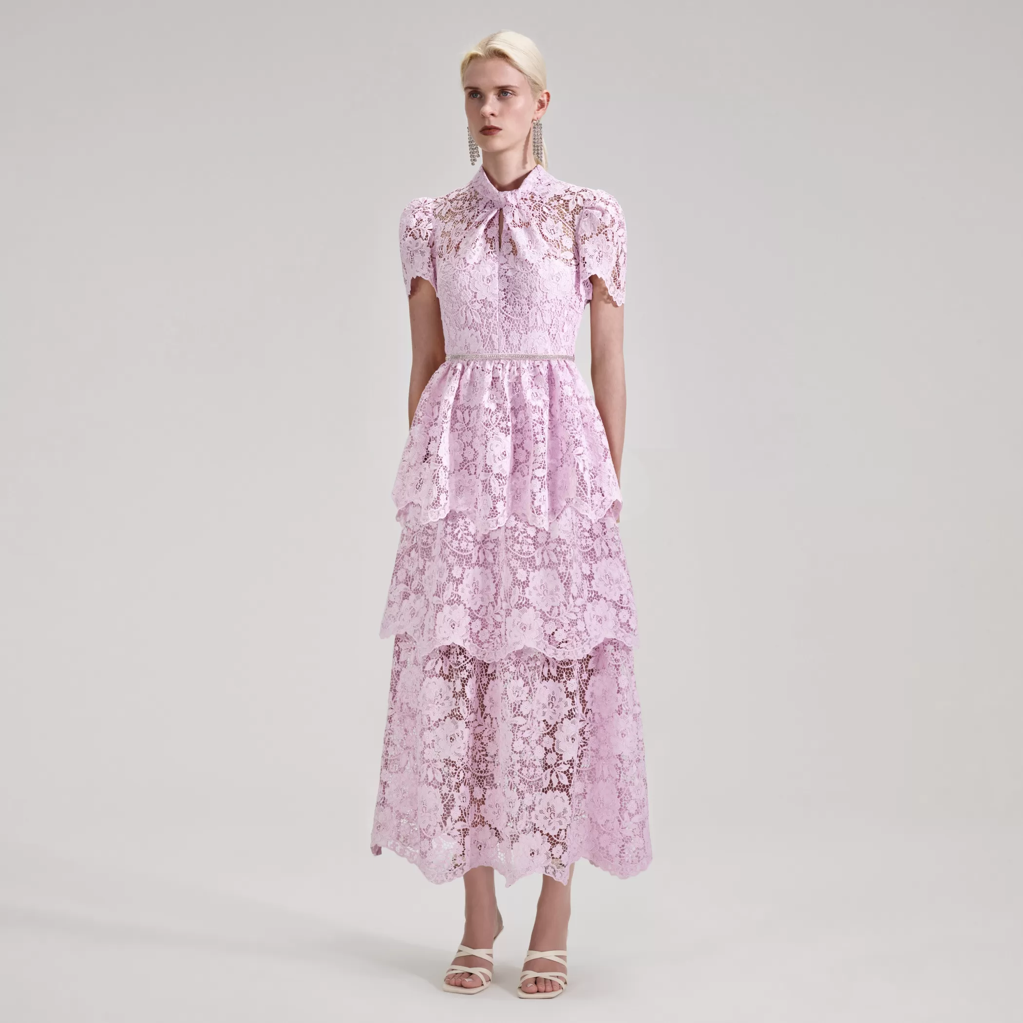 Self-Portrait > Pink Cord Lace Tiered Midi Dress