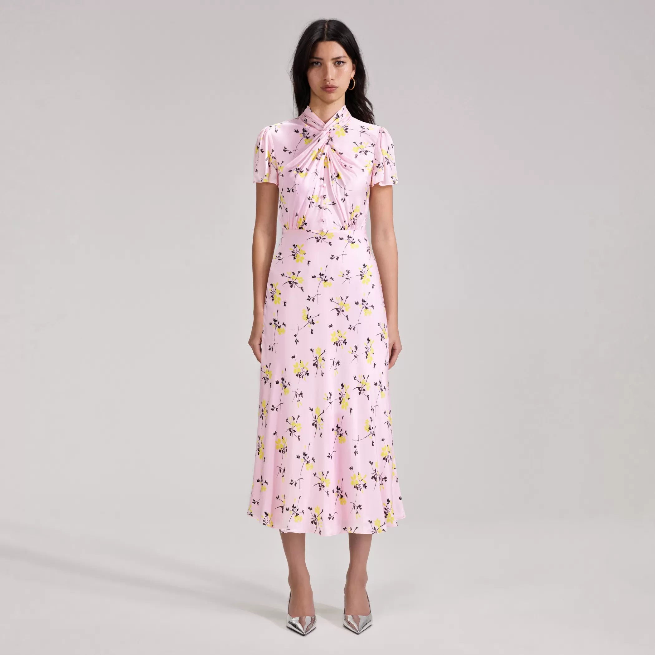 Self-Portrait > Pink Floral Print Midi Dress