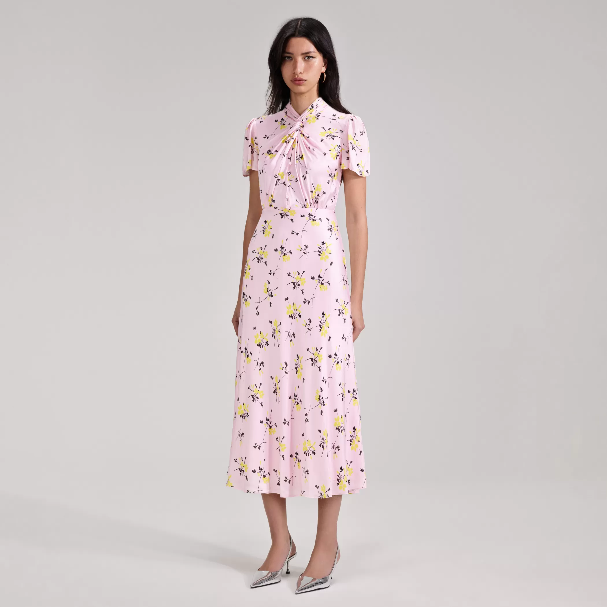 Self-Portrait > Pink Floral Print Midi Dress