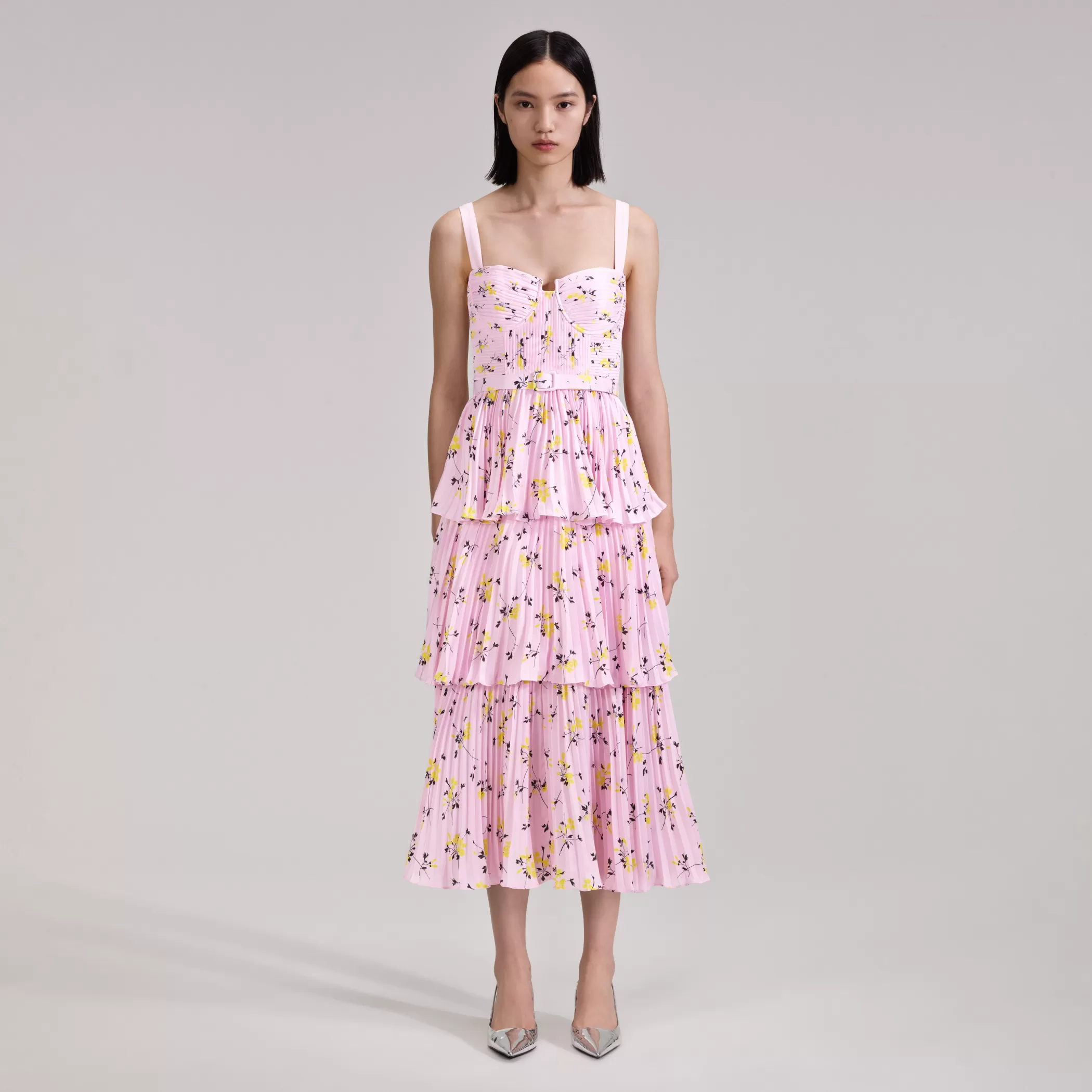 Self-Portrait > Pink Floral Print Tiered Midi Dress