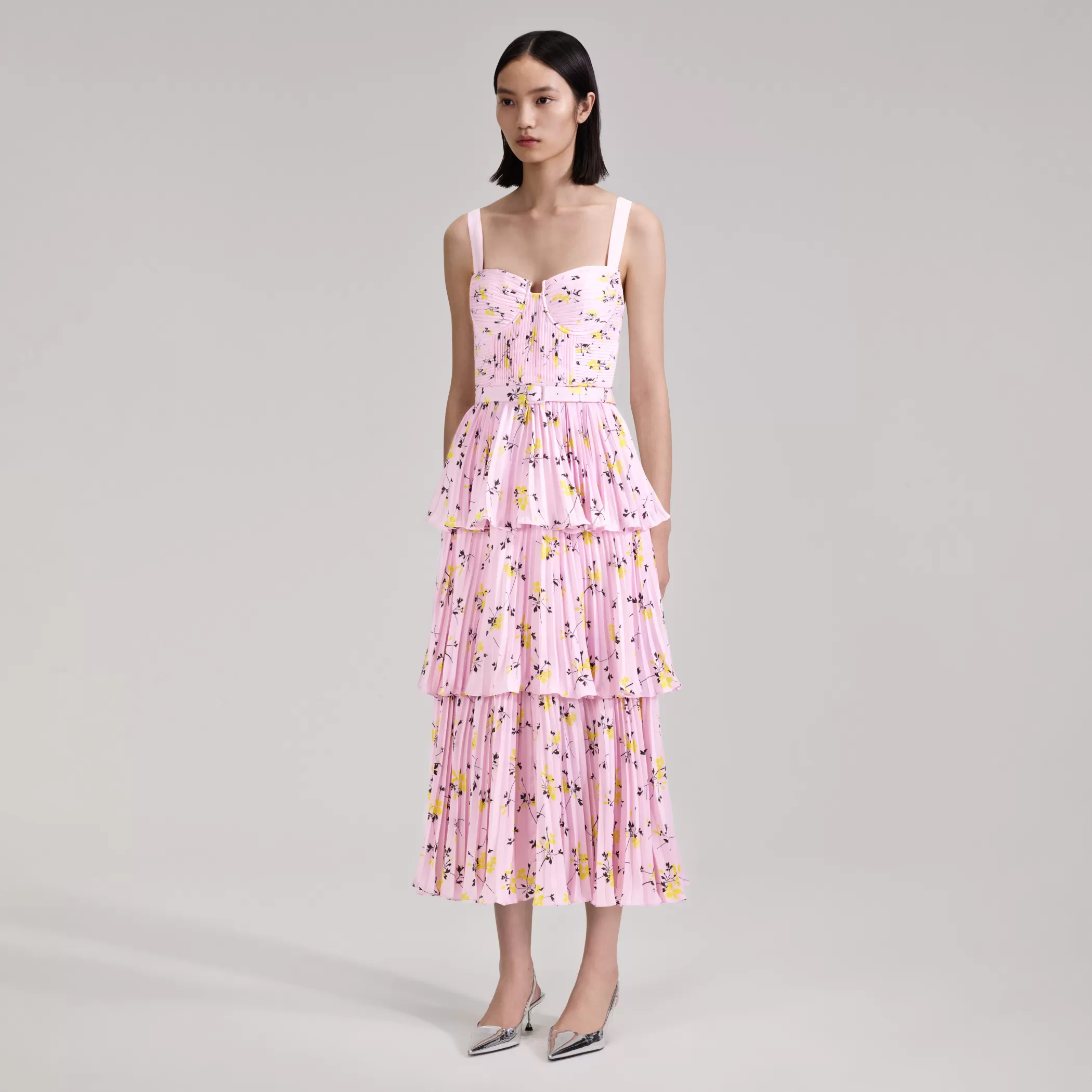 Self-Portrait > Pink Floral Print Tiered Midi Dress