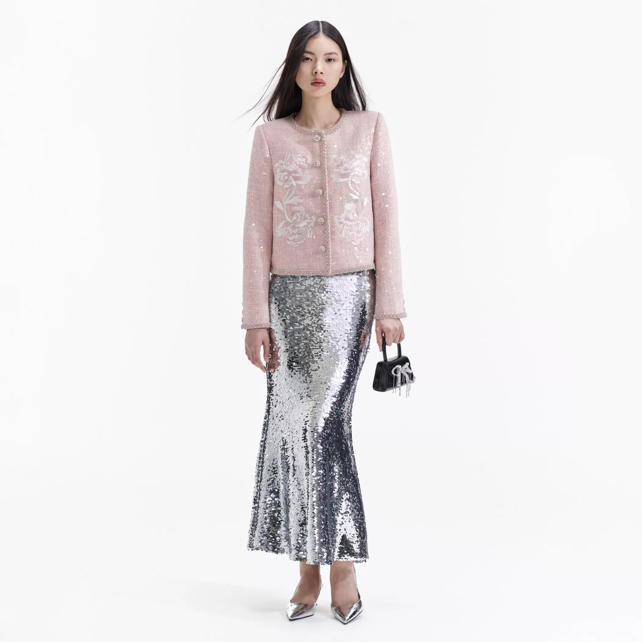 Self-Portrait > Pink Hand Embroidered Boucle Jacket