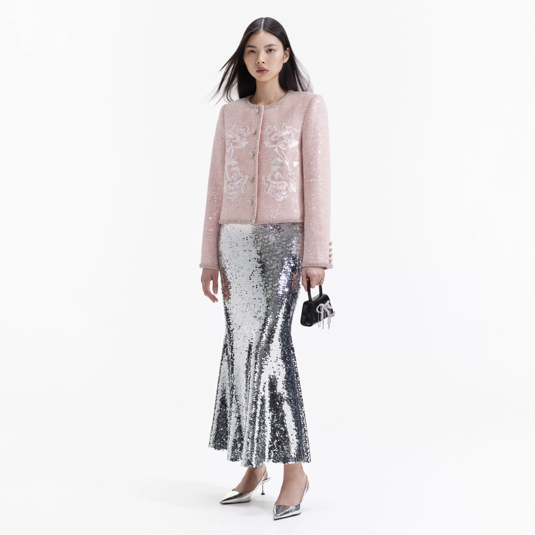 Self-Portrait > Pink Hand Embroidered Boucle Jacket