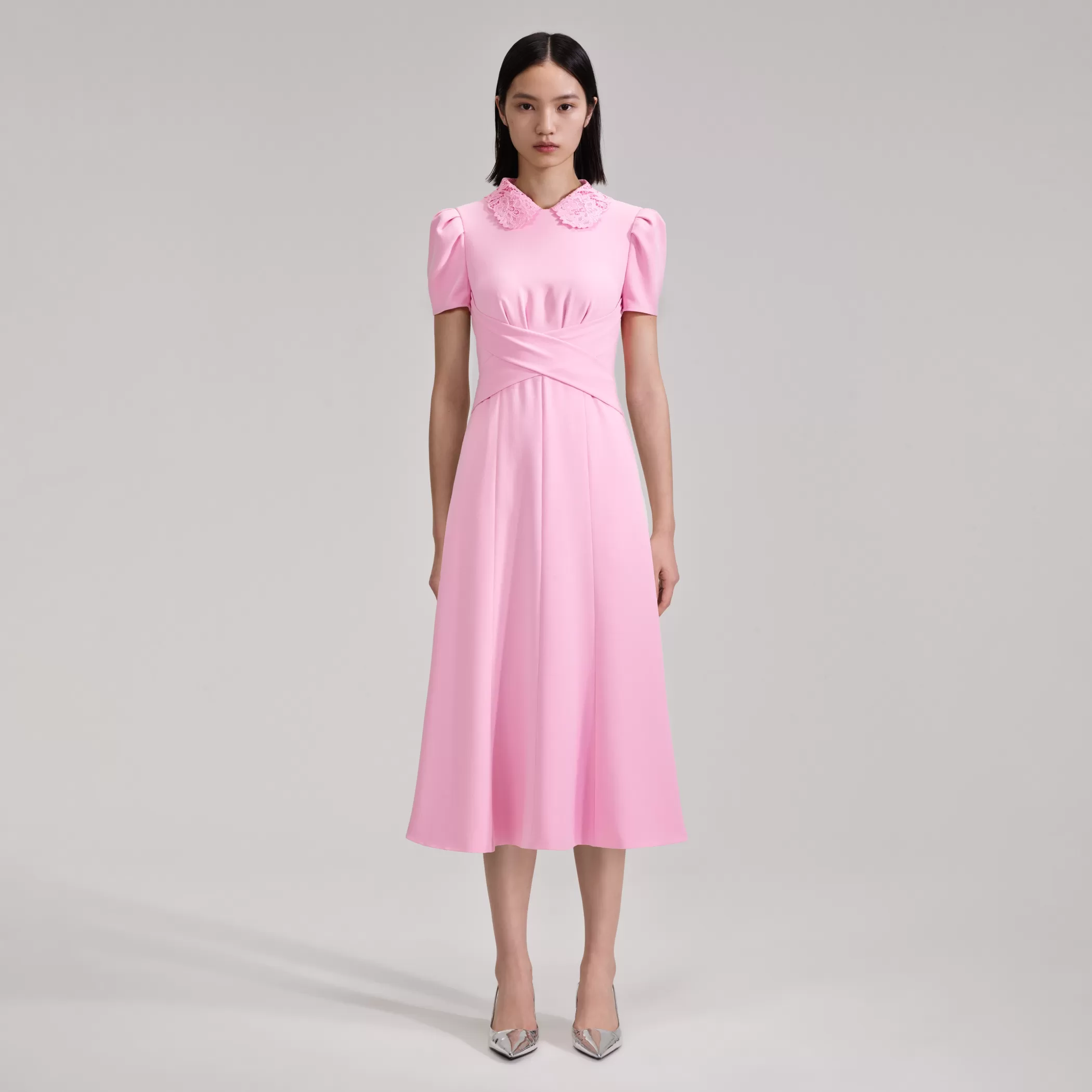 Self-Portrait > Pink Heavy Crepe Midi Dress