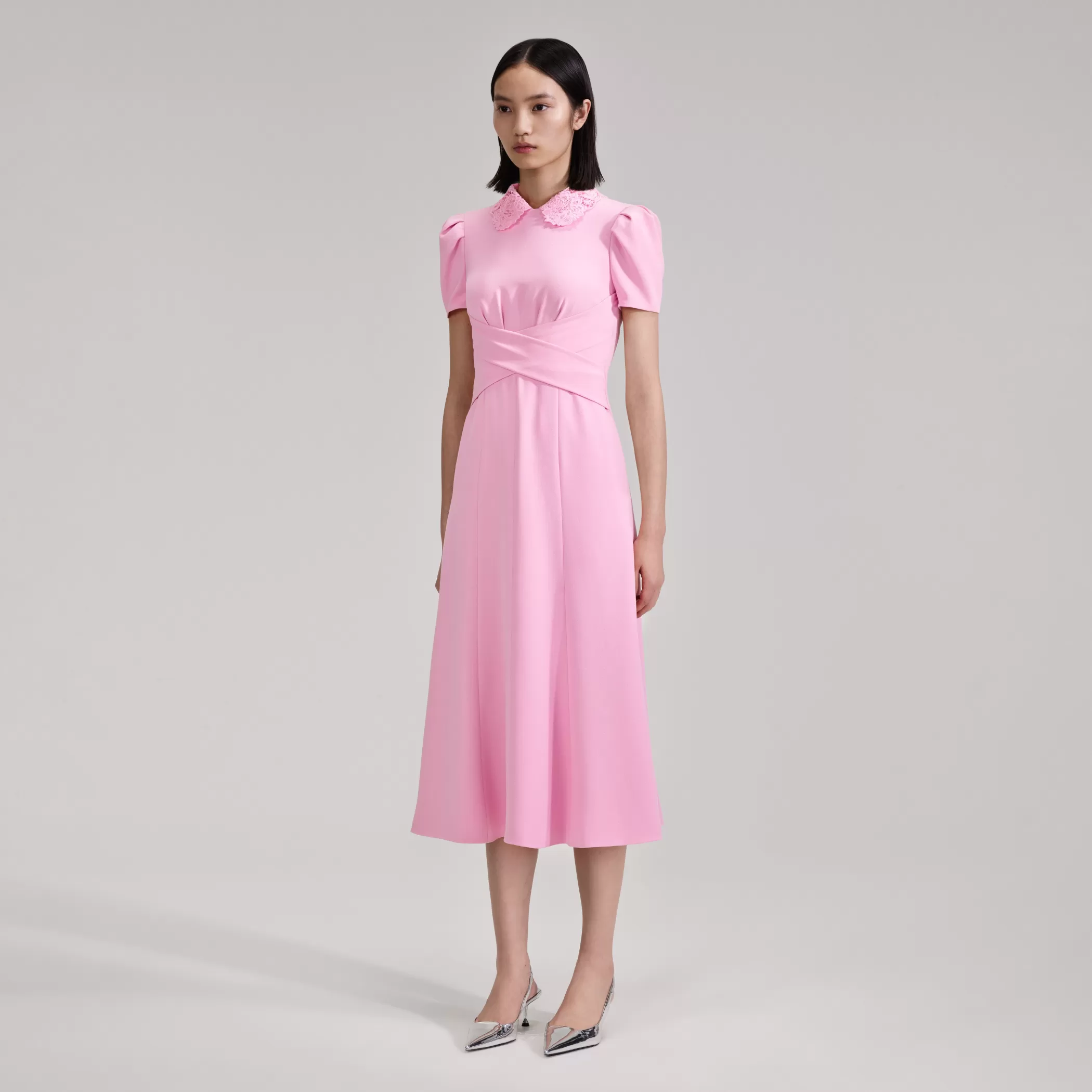 Self-Portrait > Pink Heavy Crepe Midi Dress