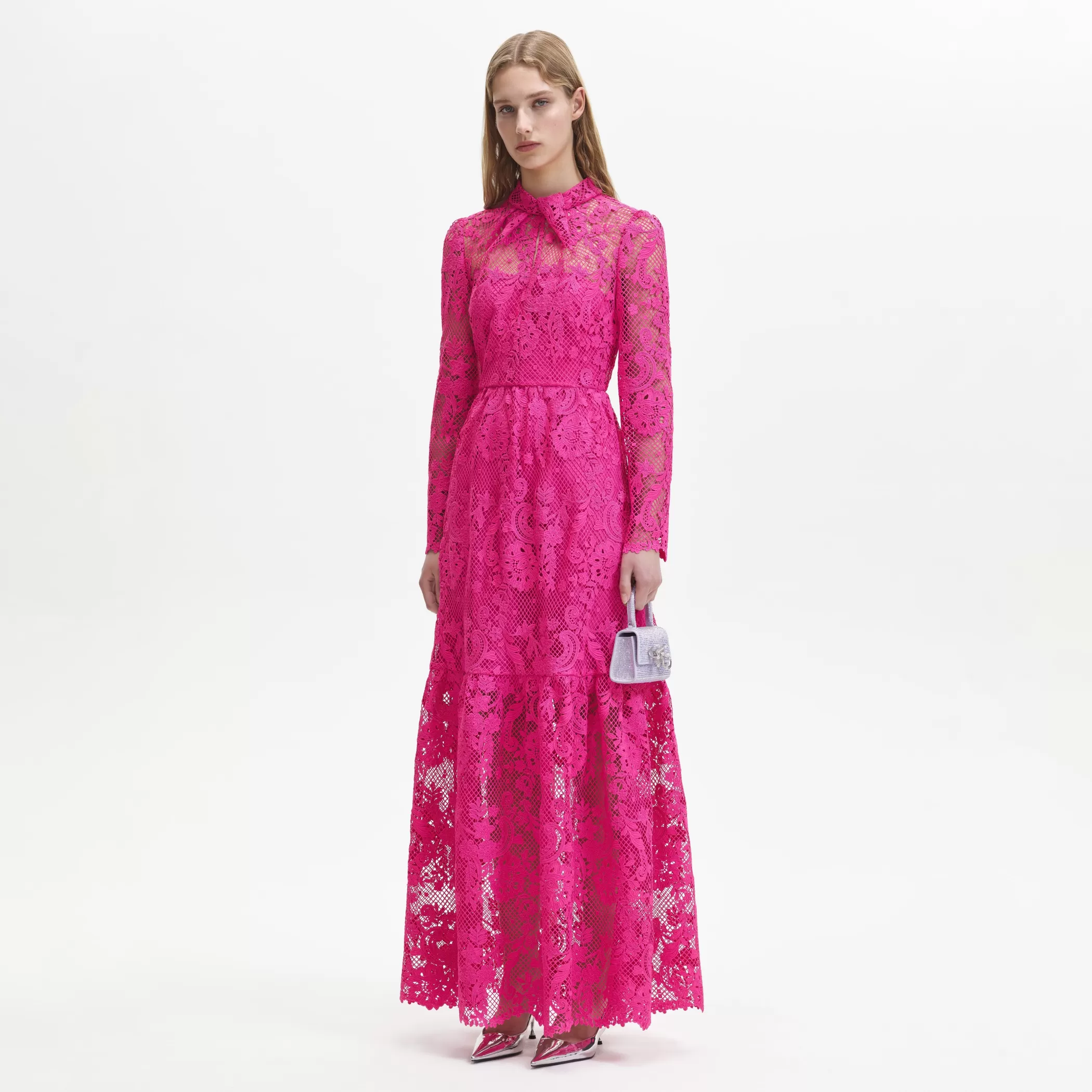 Self-Portrait > Pink Lace Maxi Dress