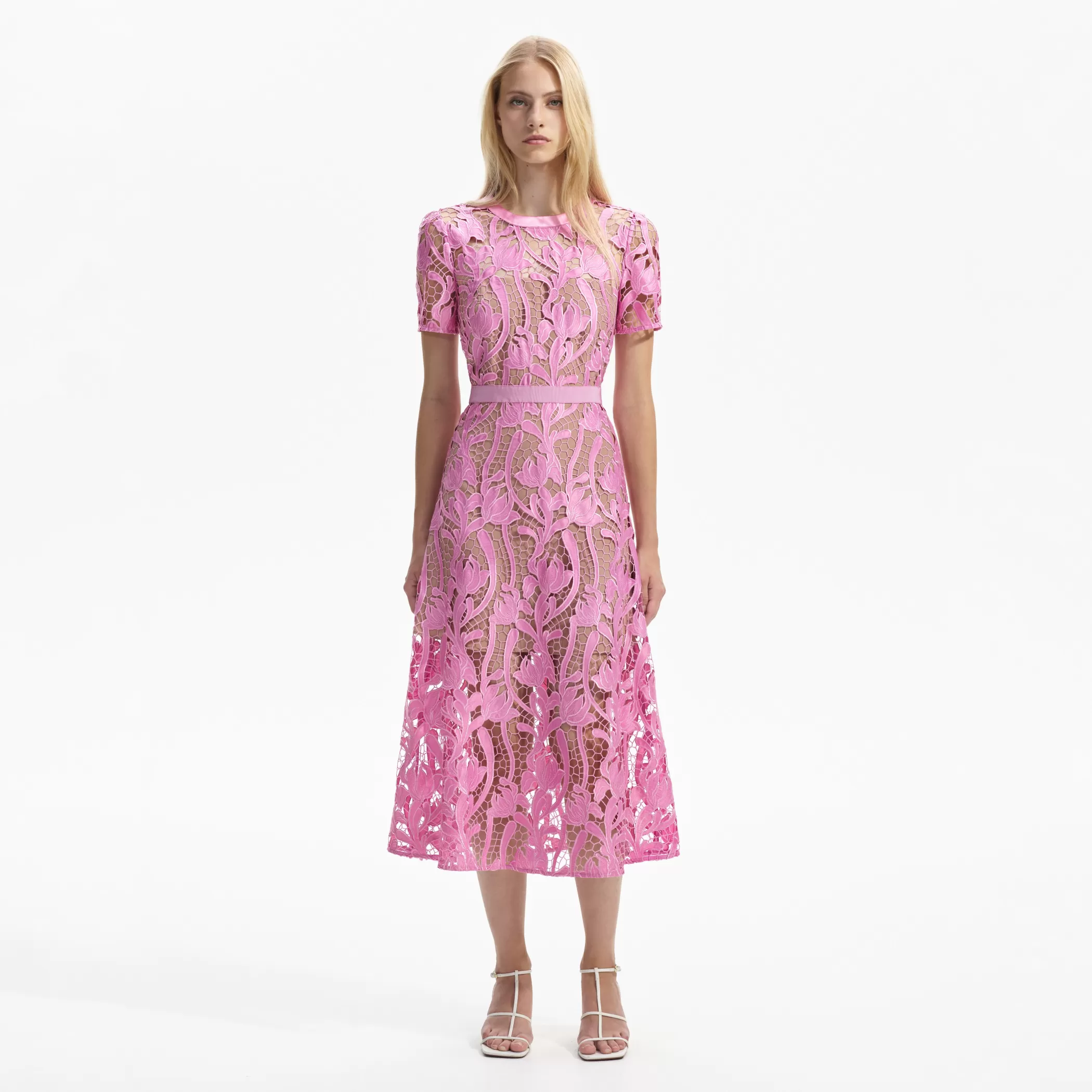 Self-Portrait > Pink Lace Midi Dress