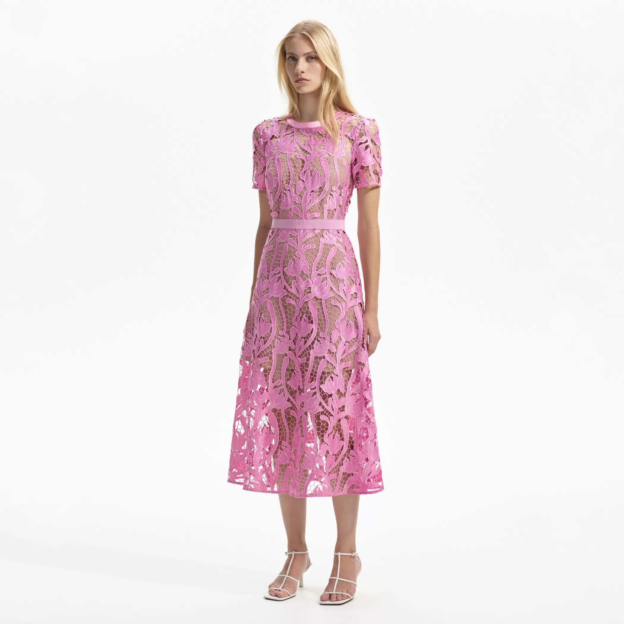 Self-Portrait > Pink Lace Midi Dress