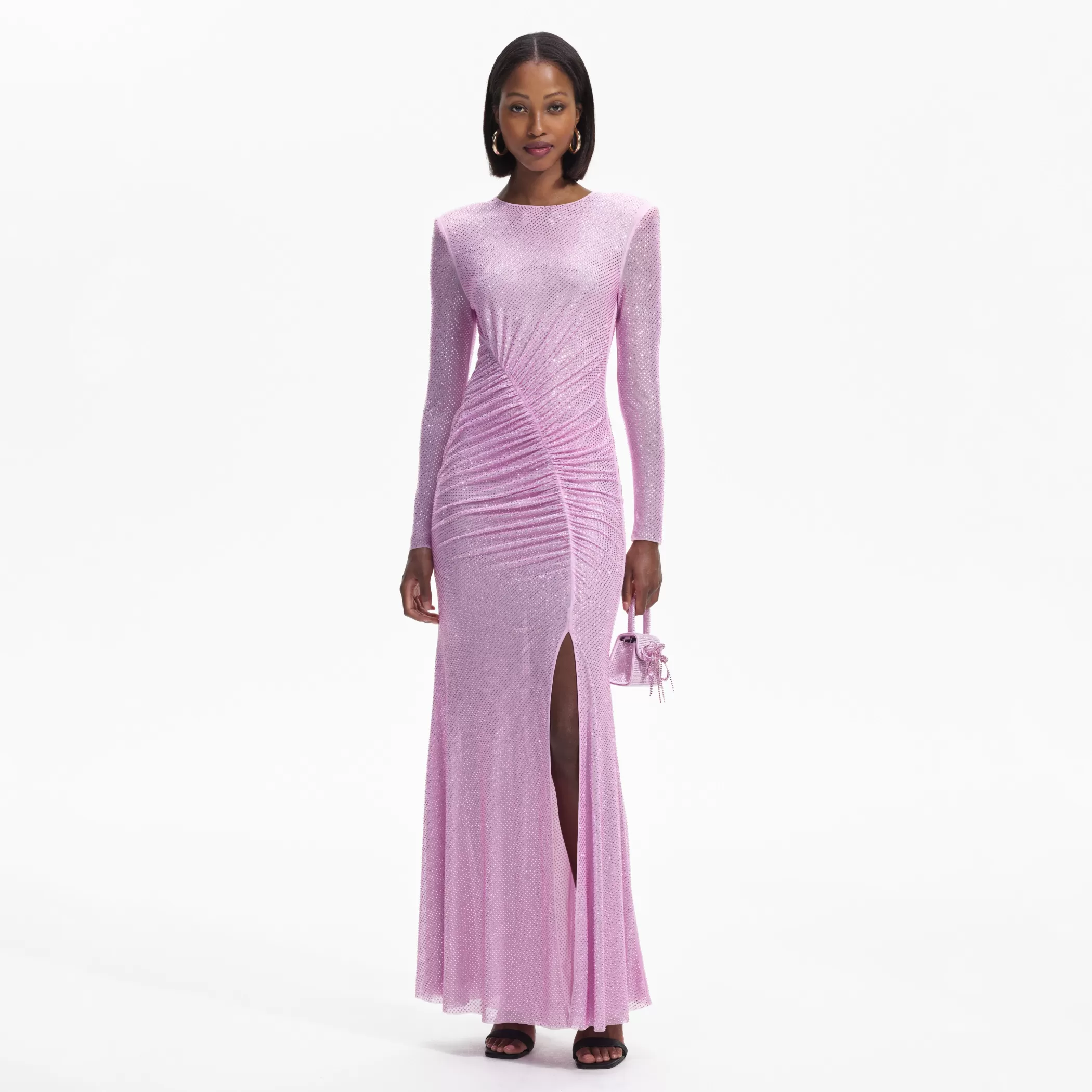 Self-Portrait > Pink Rhinestone Mesh Maxi Dress