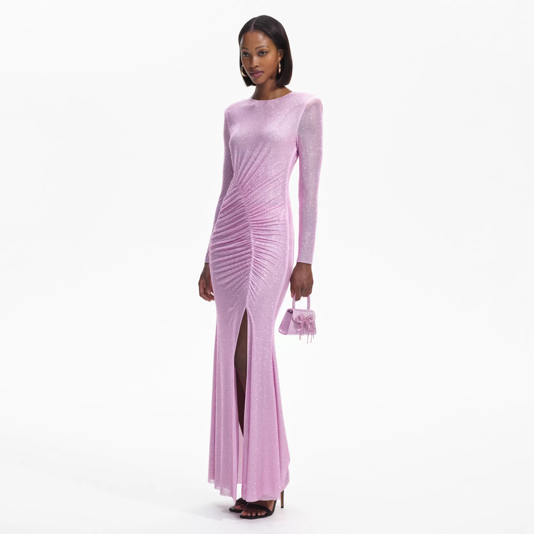 Self-Portrait > Pink Rhinestone Mesh Maxi Dress