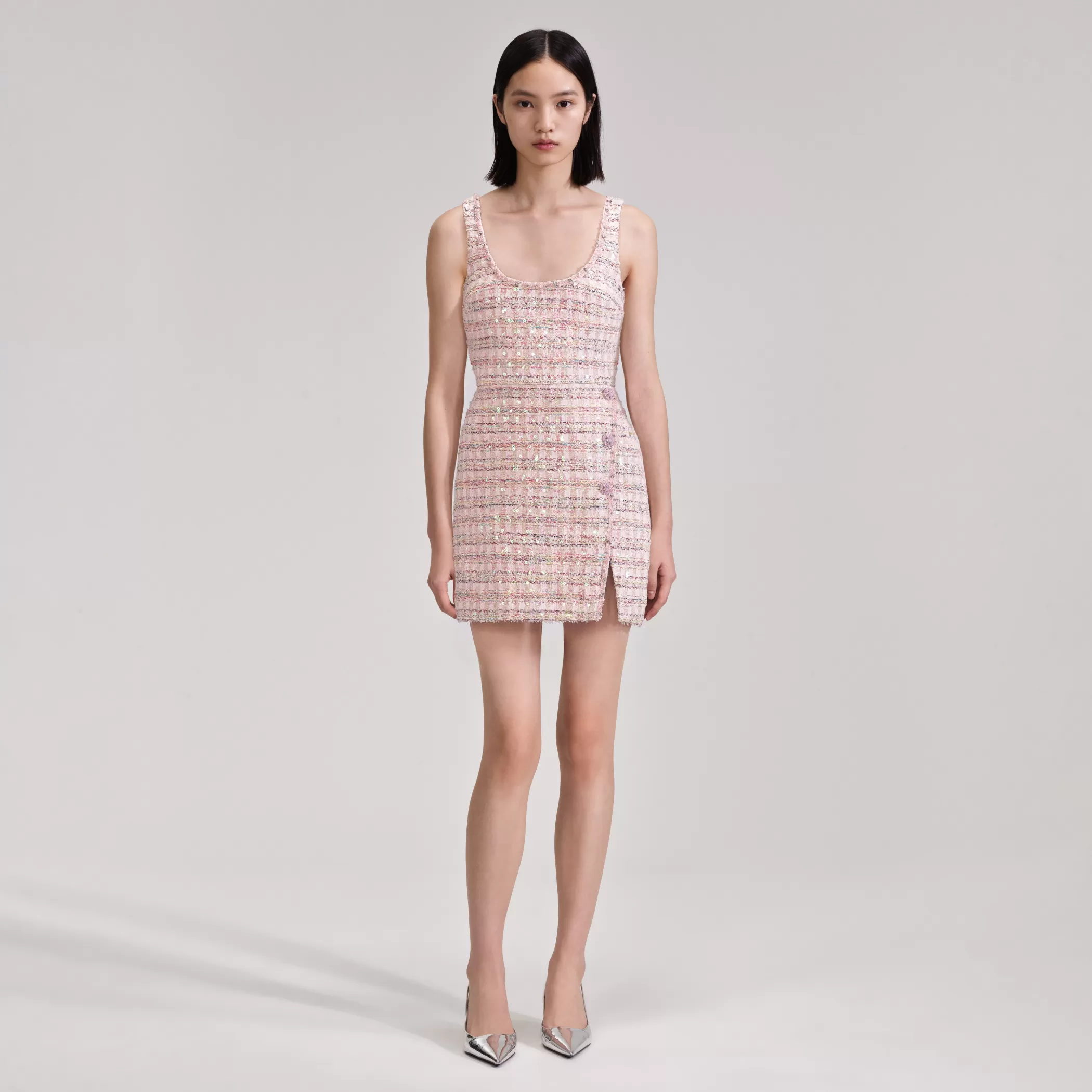 Self-Portrait > Pink Sequin Boucle Mini Dress