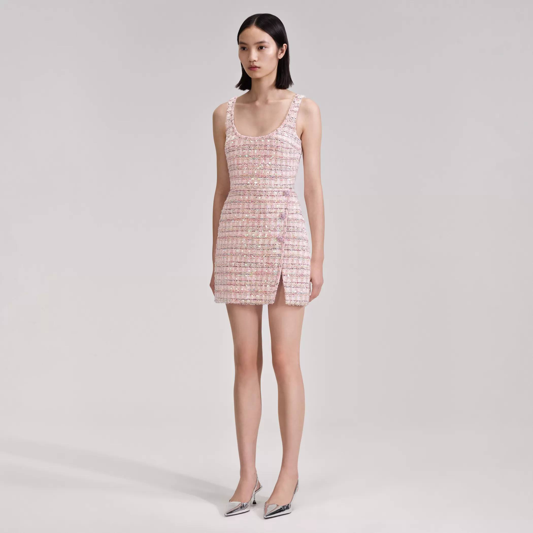 Self-Portrait > Pink Sequin Boucle Mini Dress