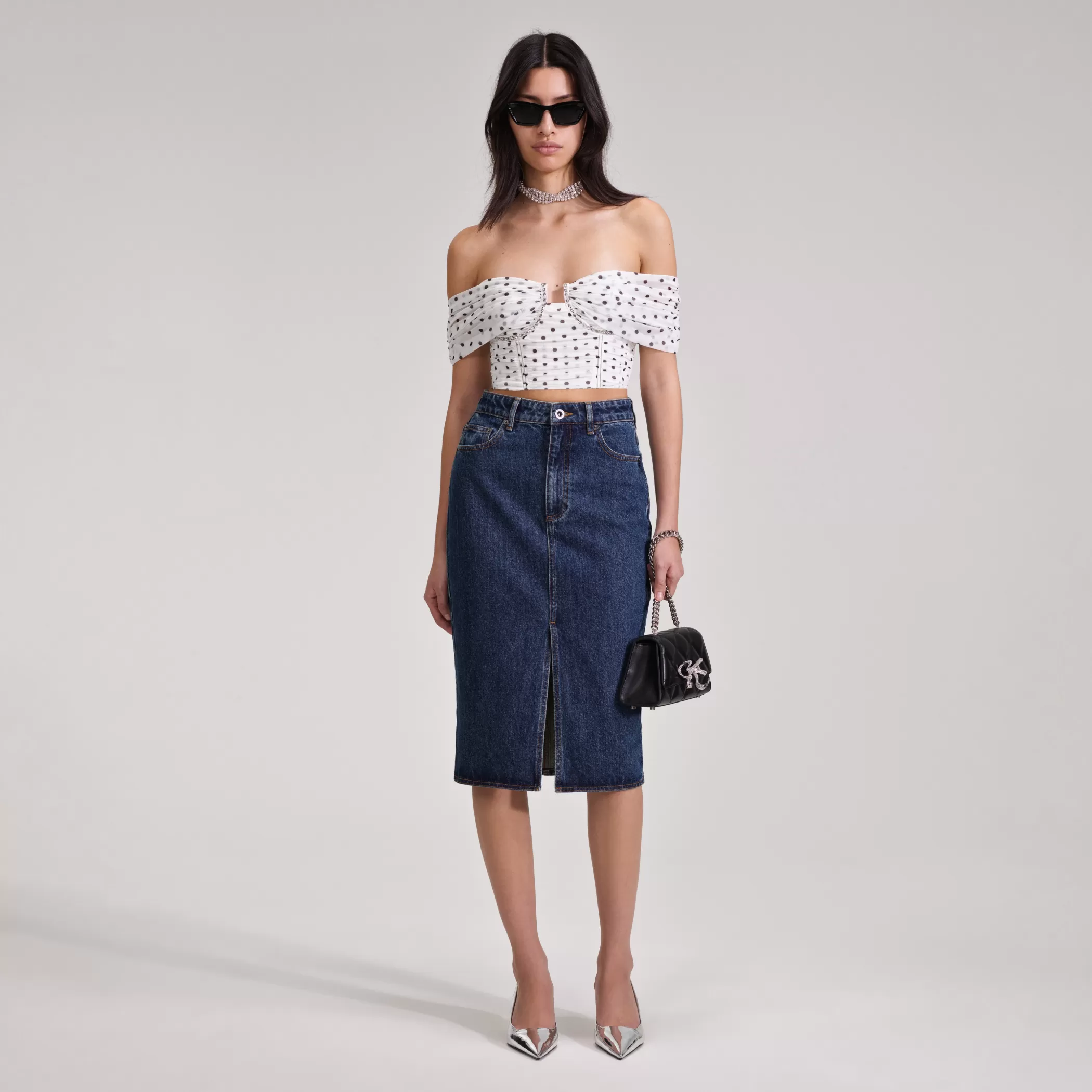 Self-Portrait > Polka Dot Off Shoulder Mesh Top