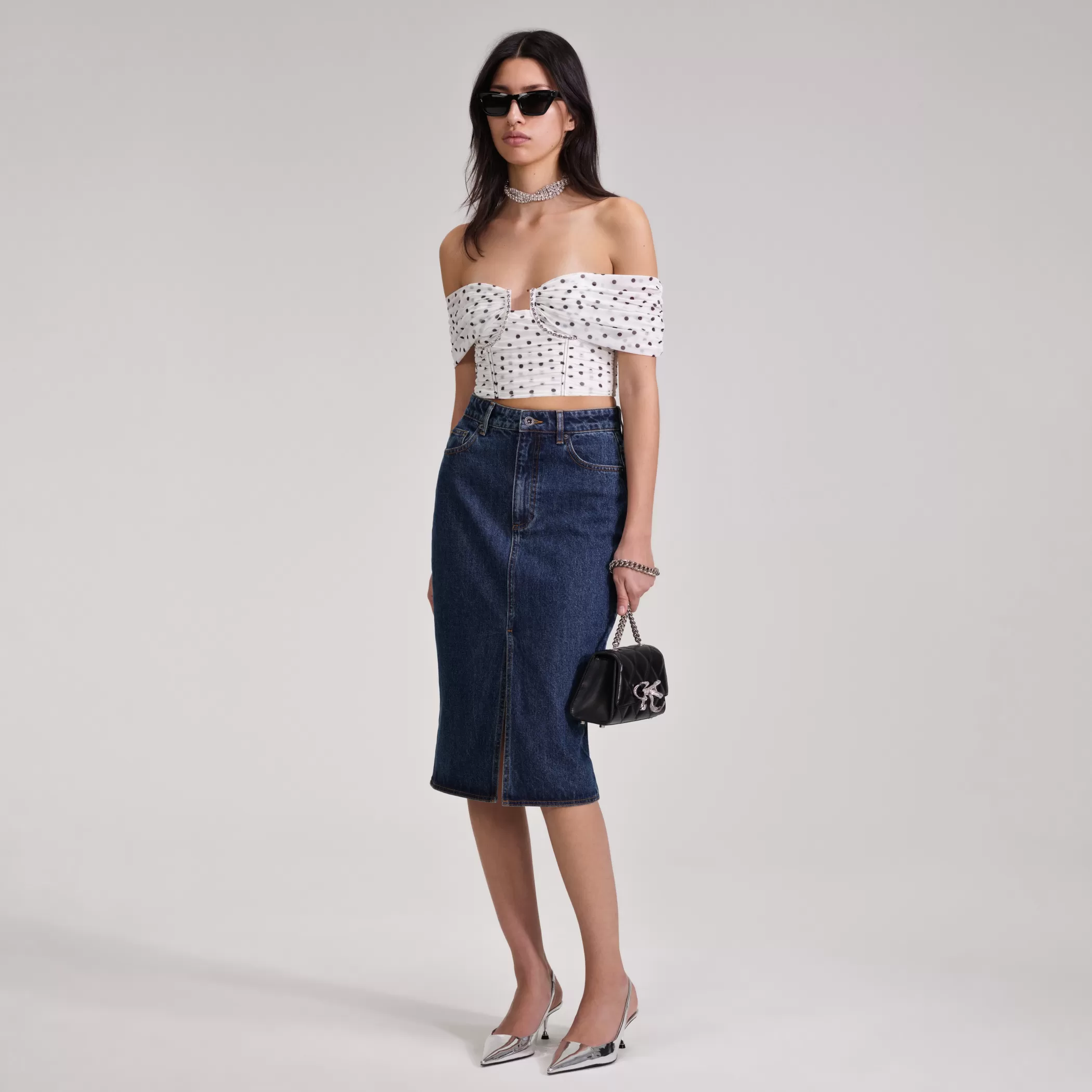 Self-Portrait > Polka Dot Off Shoulder Mesh Top