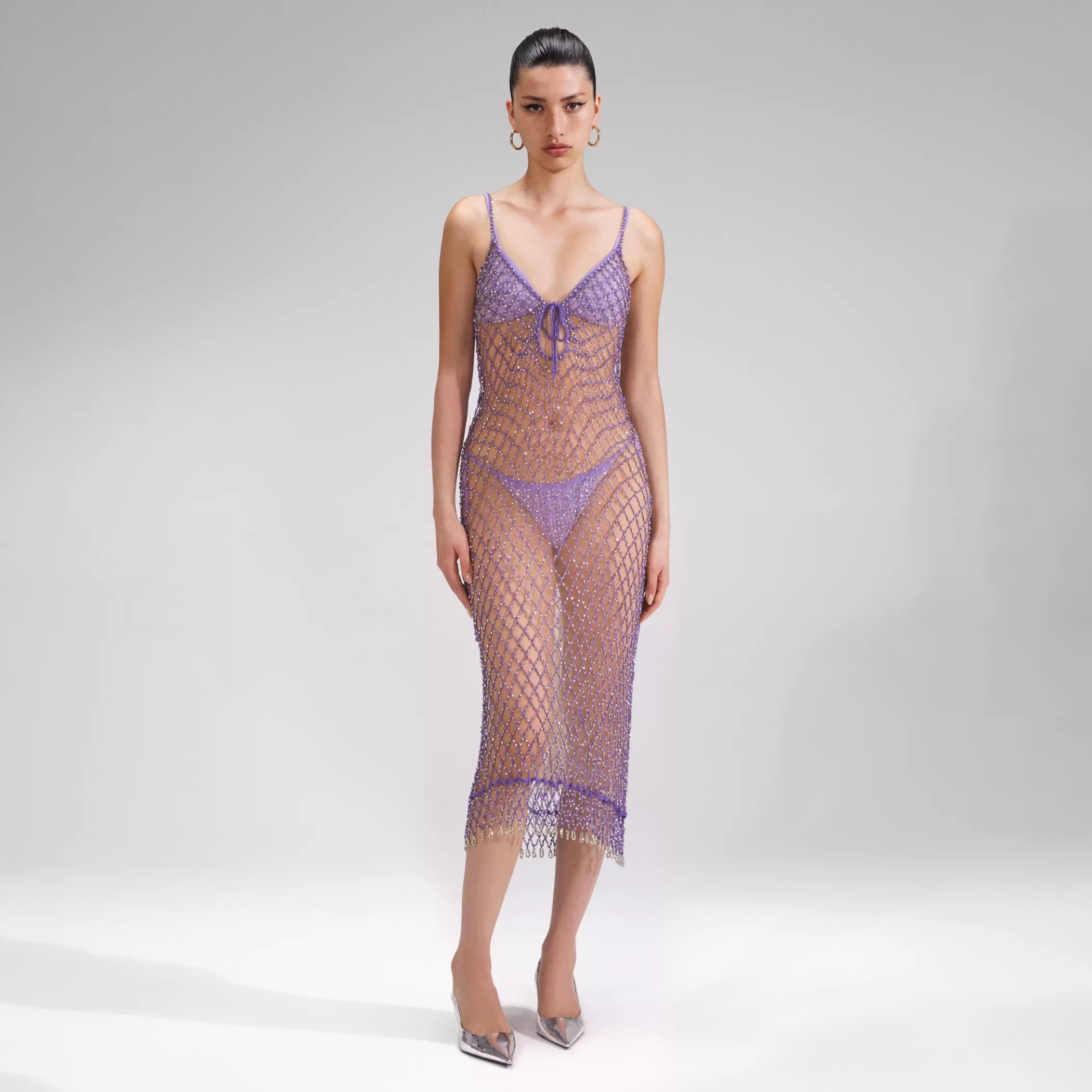 Self-Portrait > Purple Beaded Fishnet Midi Dress