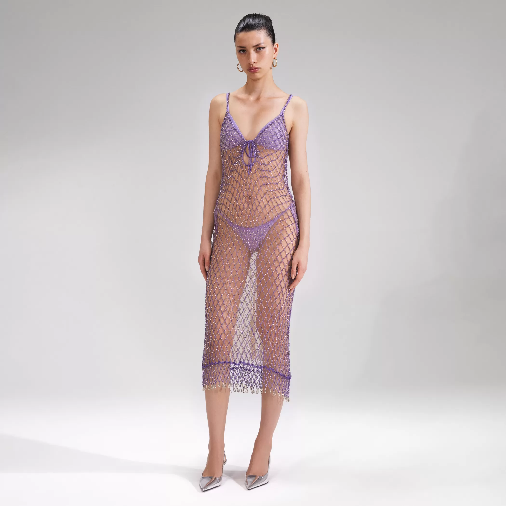 Self-Portrait > Purple Beaded Fishnet Midi Dress