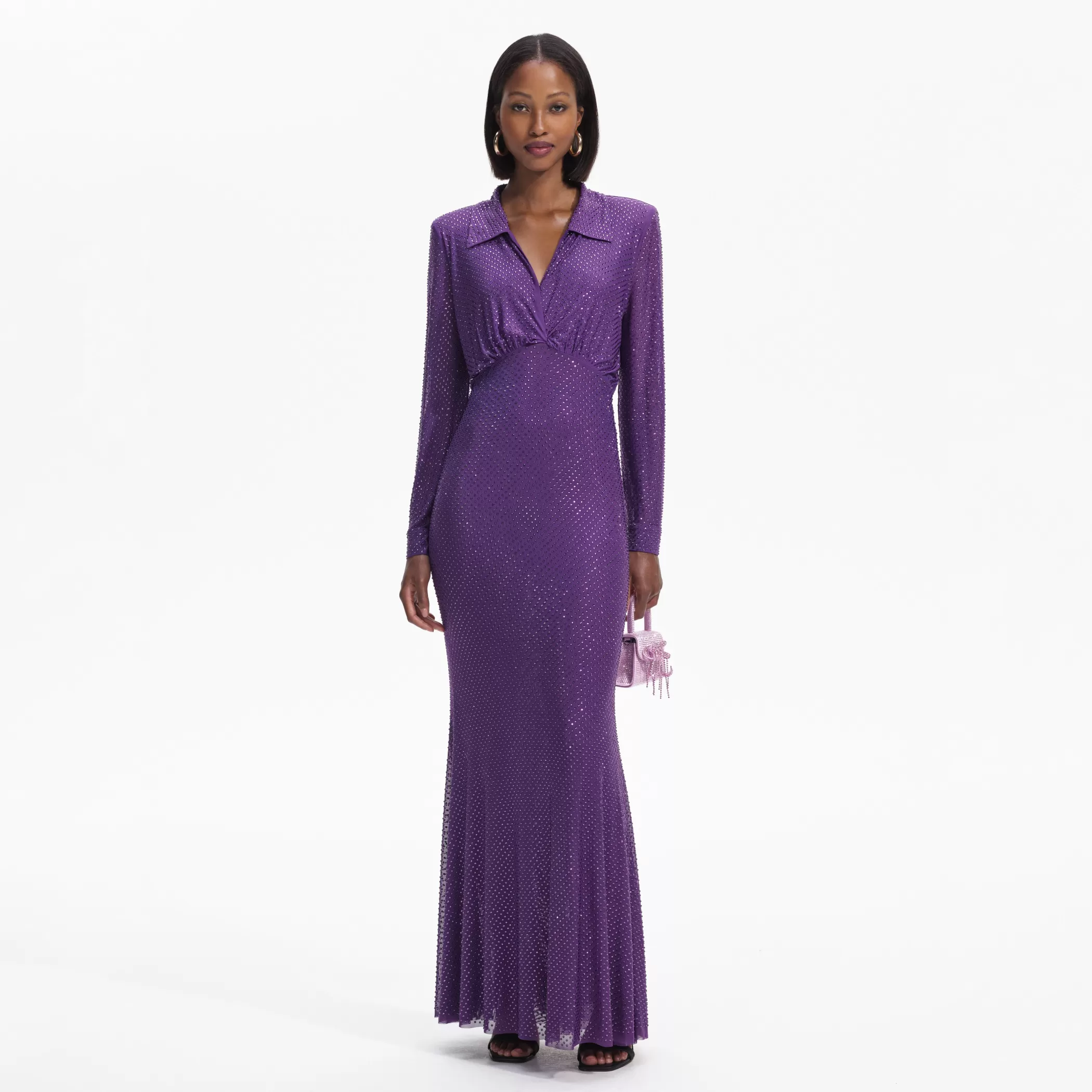 Self-Portrait > Purple Rhinestone Mesh Maxi Dress